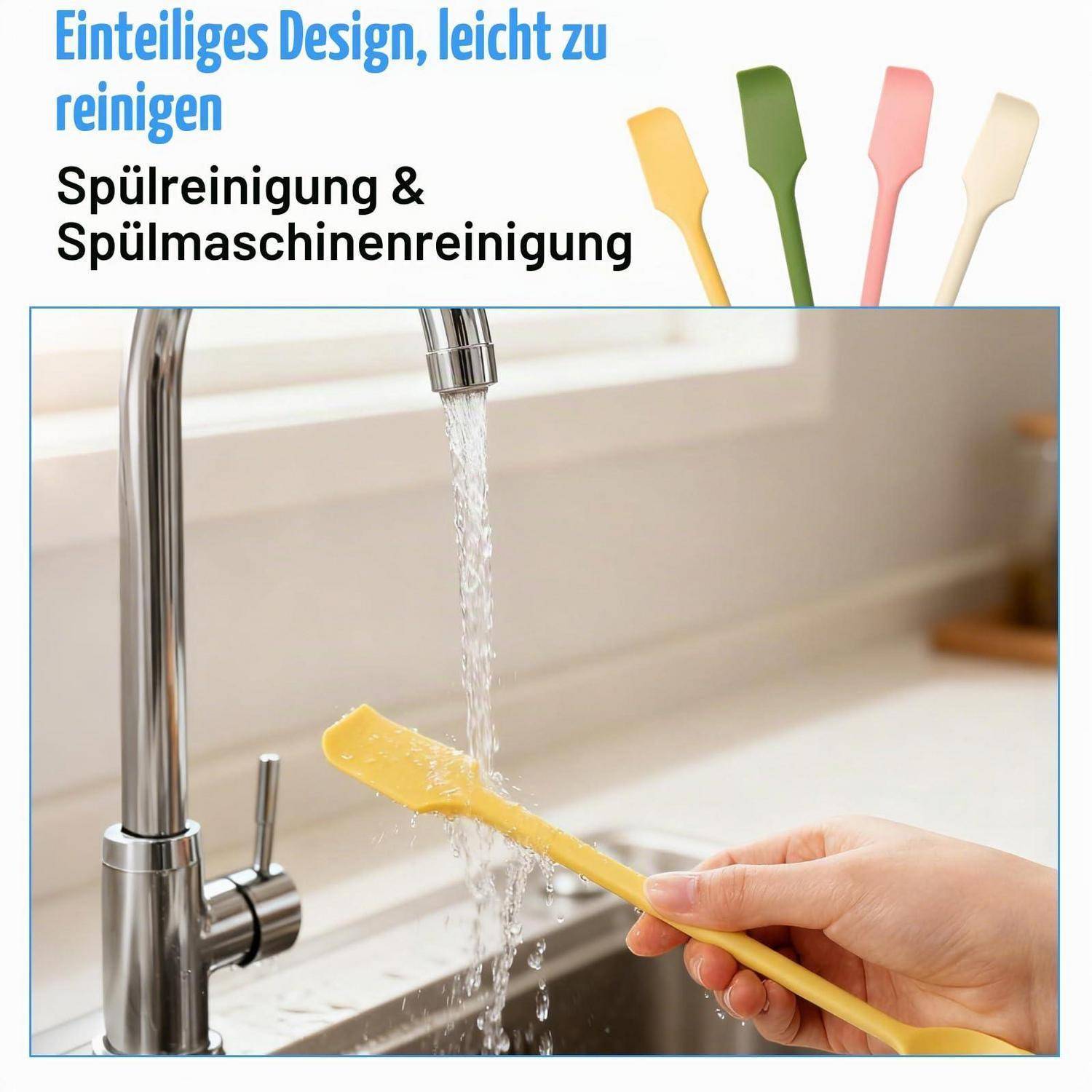 Werbebild eines einteiligen, leicht zu reinigenden Küchengeräts, das unter einem Wasserhahn gespült wird; der Text lautet „Einteiliges Design, leicht zu reinigen