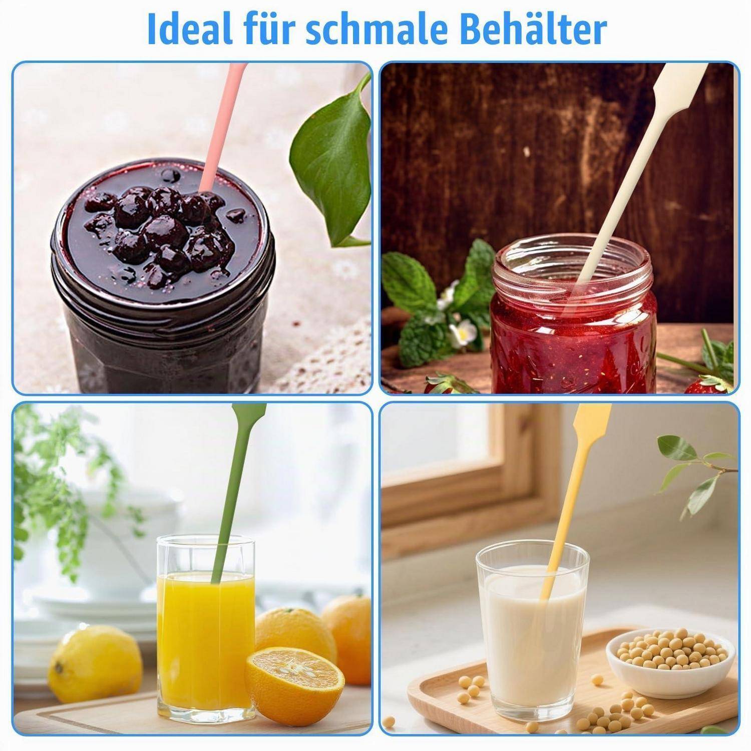 Collage aus vier schmalen Gläsern und Bechern mit Löffeln/Rührern, die Marmelade, Beerensauce, Orangensaft und Sojamilch enthalten; die Überschrift lautet „Ideal für schmale Behälter