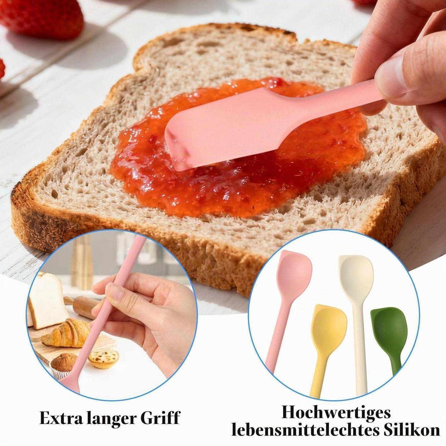 Rosa Silikonspatel verteilt Marmelade auf Brot, mit Detailansichten des besonders langen Griffs und erhältlichen Pastellfarben.