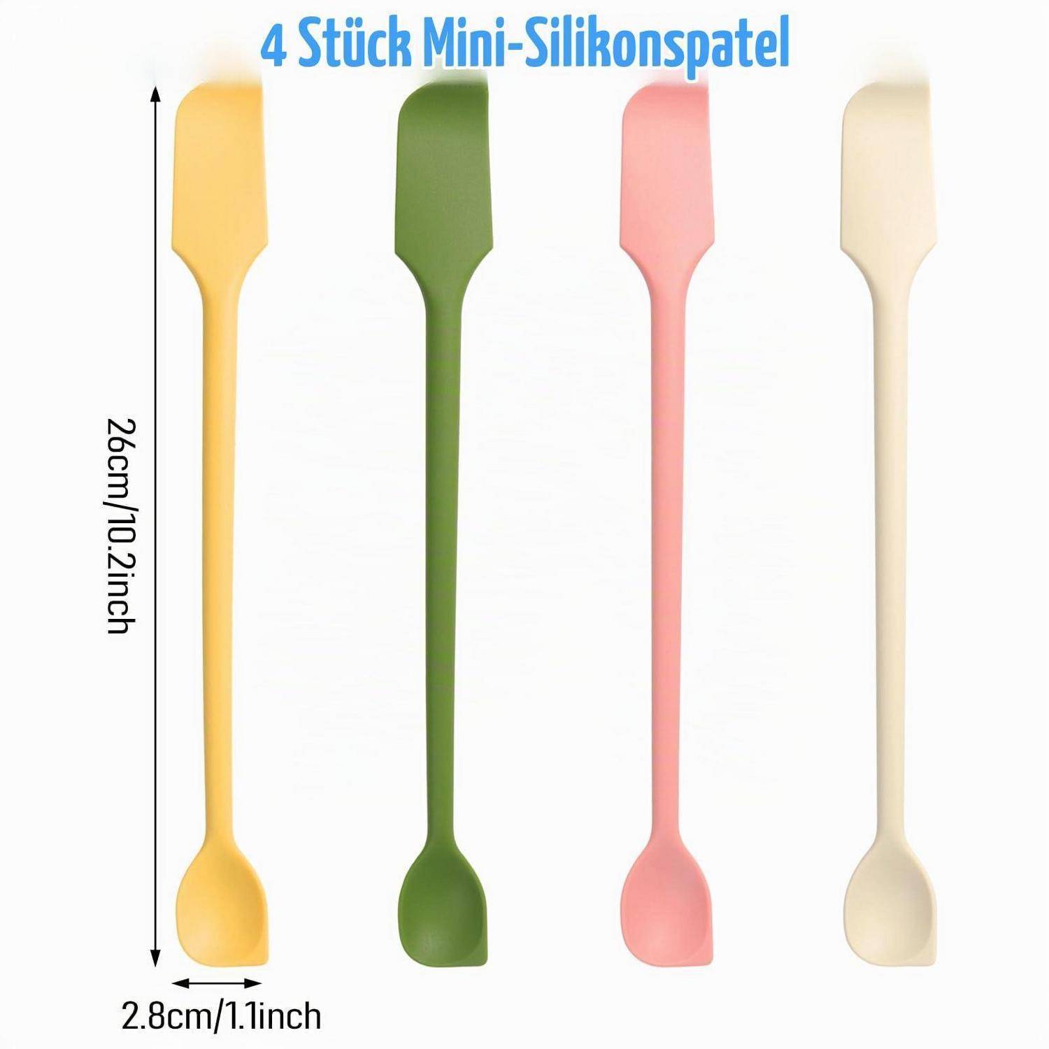 Set von 4 Mini-Silikonspatel in Gelb, Grün, Rosa und Beige, mit der Bezeichnung „4 Stück Mini-Silikonspatel