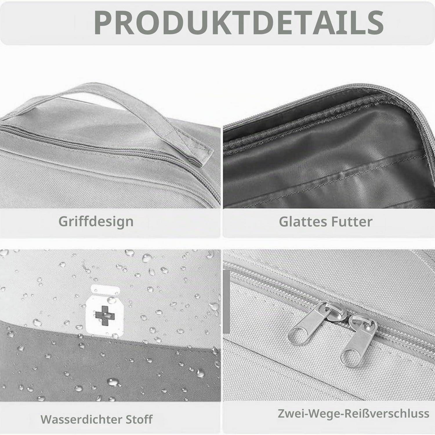 Produktdetails-Collage, die den Griff einer Tasche, das glatte Futter, den wasserdichten Stoff und einen beidseitigen Reißverschluss zeigt, mit deutschen Beschriftungen.