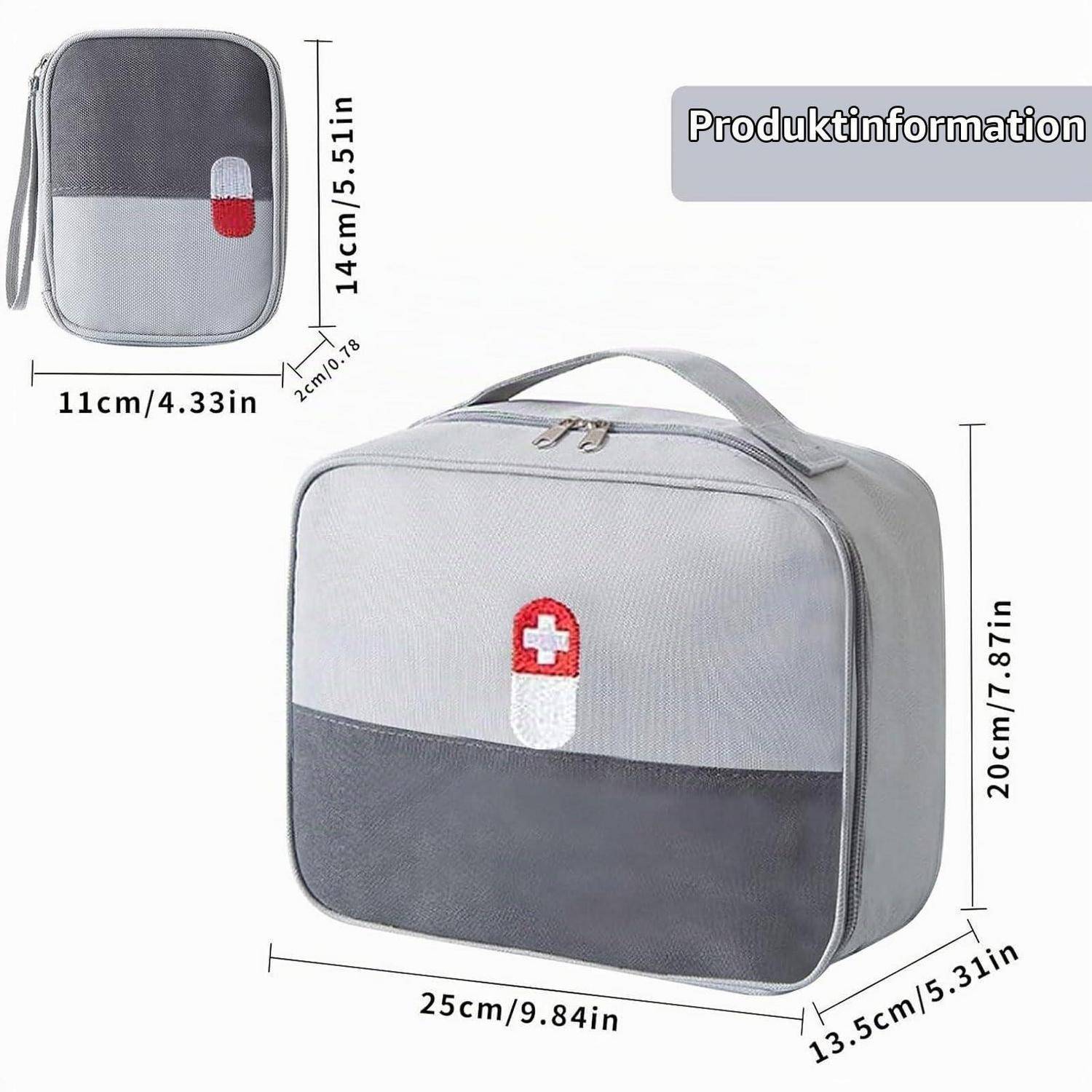 Produktinformationsbild mit einer grauen Schweizer-Tasche mit rotem Kreuz-Emblem und Abmessungen: 25 x 20 x 13,5 cm; kleinere Ansicht 14 x 11 x 2 cm.