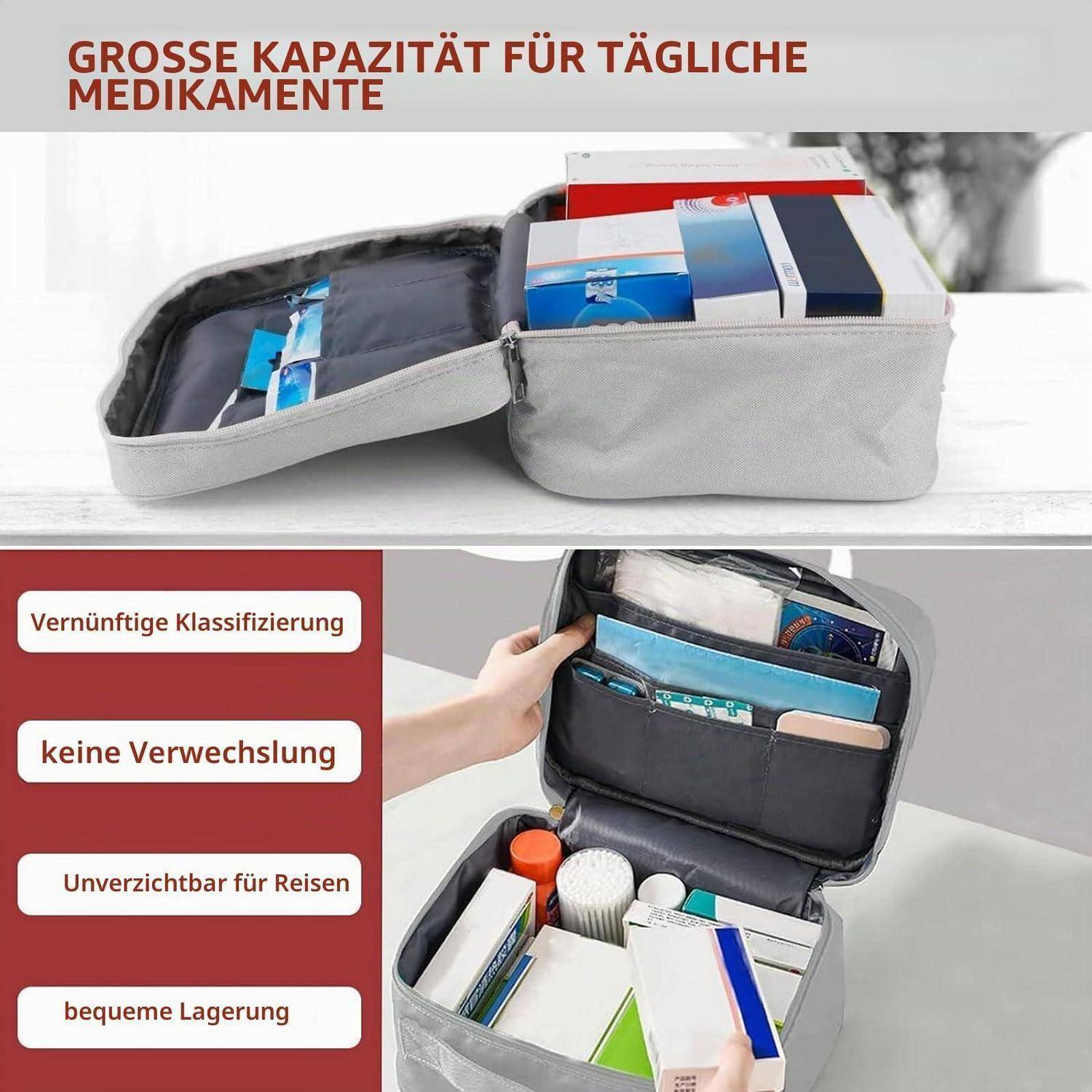 Medikamentenschrank wird offen mit mehreren Fächern und verpackten Medikamenten gezeigt; deutscher Text hebt große Kapazität, klare Klassifizierung, keine Verwirrung, Reisegebrauch und bequeme Lagerung hervor.