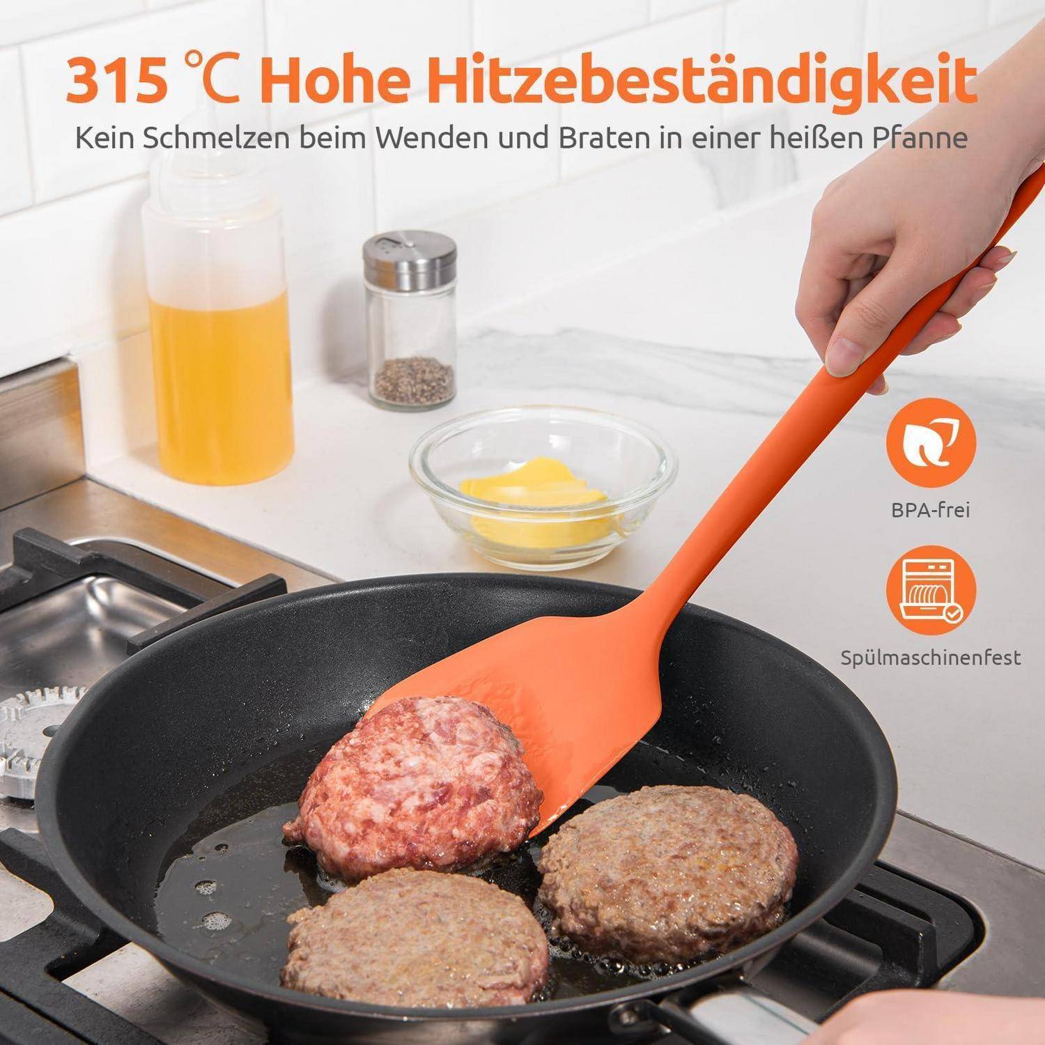 Werbebild eines orangefarbenen Spatels, der Burger in einer Pfanne wendet, mit Hervorhebung der Eigenschaften „Hitzebeständigkeit bis 315 °C