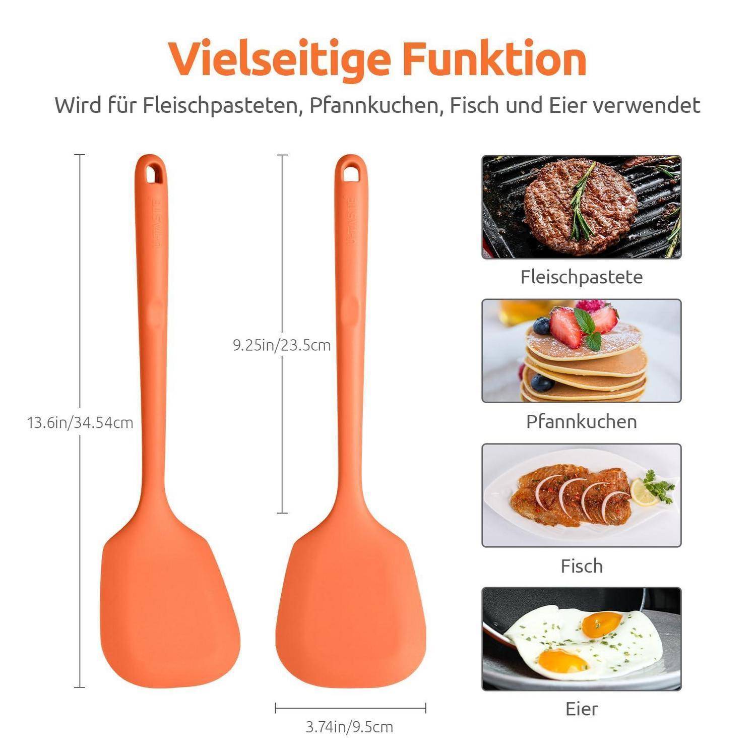 Orangener Silikon-Spatel mit zwei Größenansichten und Maßangaben, mit dem Titel „Vielseitige Funktion