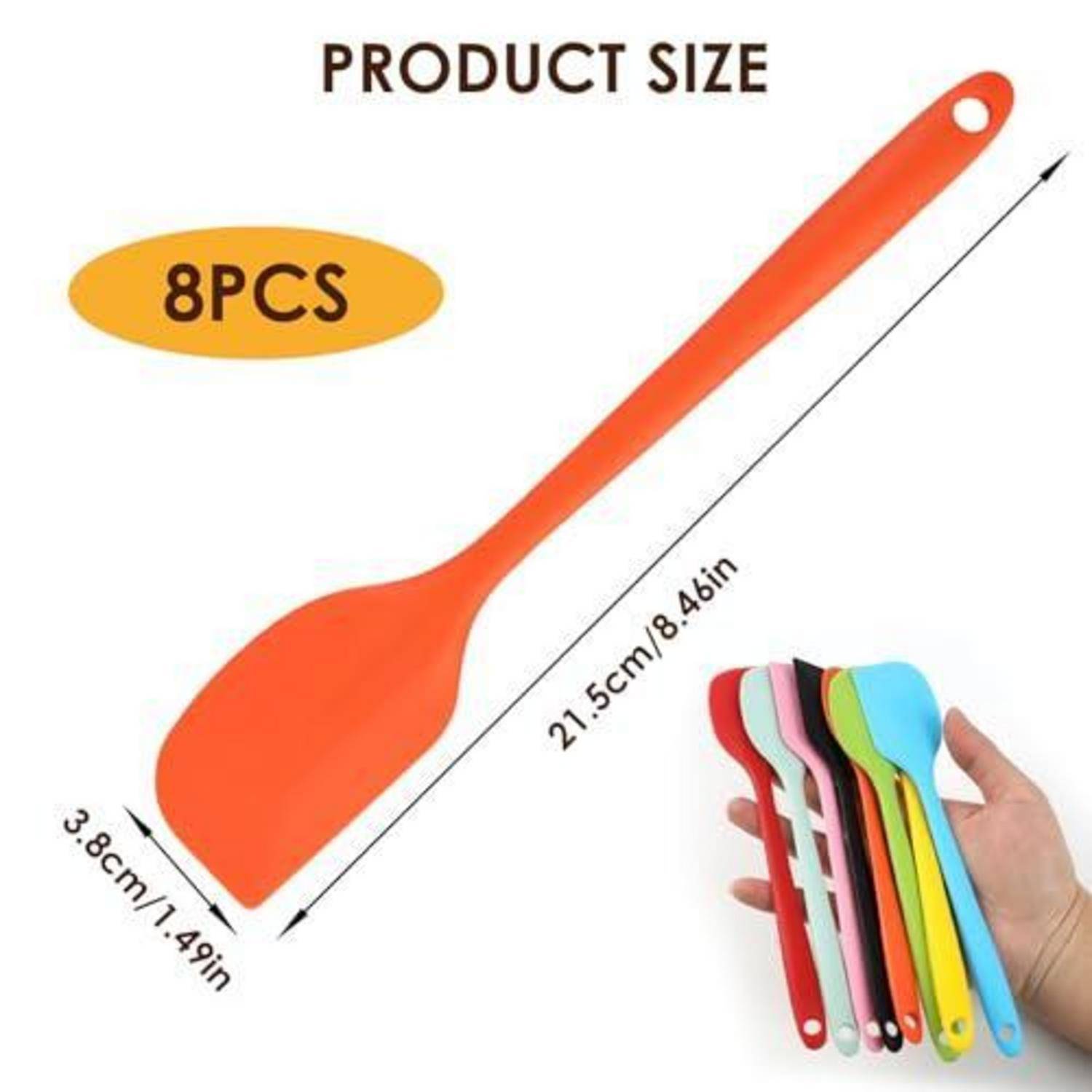 Produktgrößendiagramm für einen 8-teiligen Silikon-Spatel, zeigt Länge 21,5 cm/8,46 Zoll und Kopfbreite 3,8 cm/1,49 Zoll, mit farbigen Spateln in der Hand.