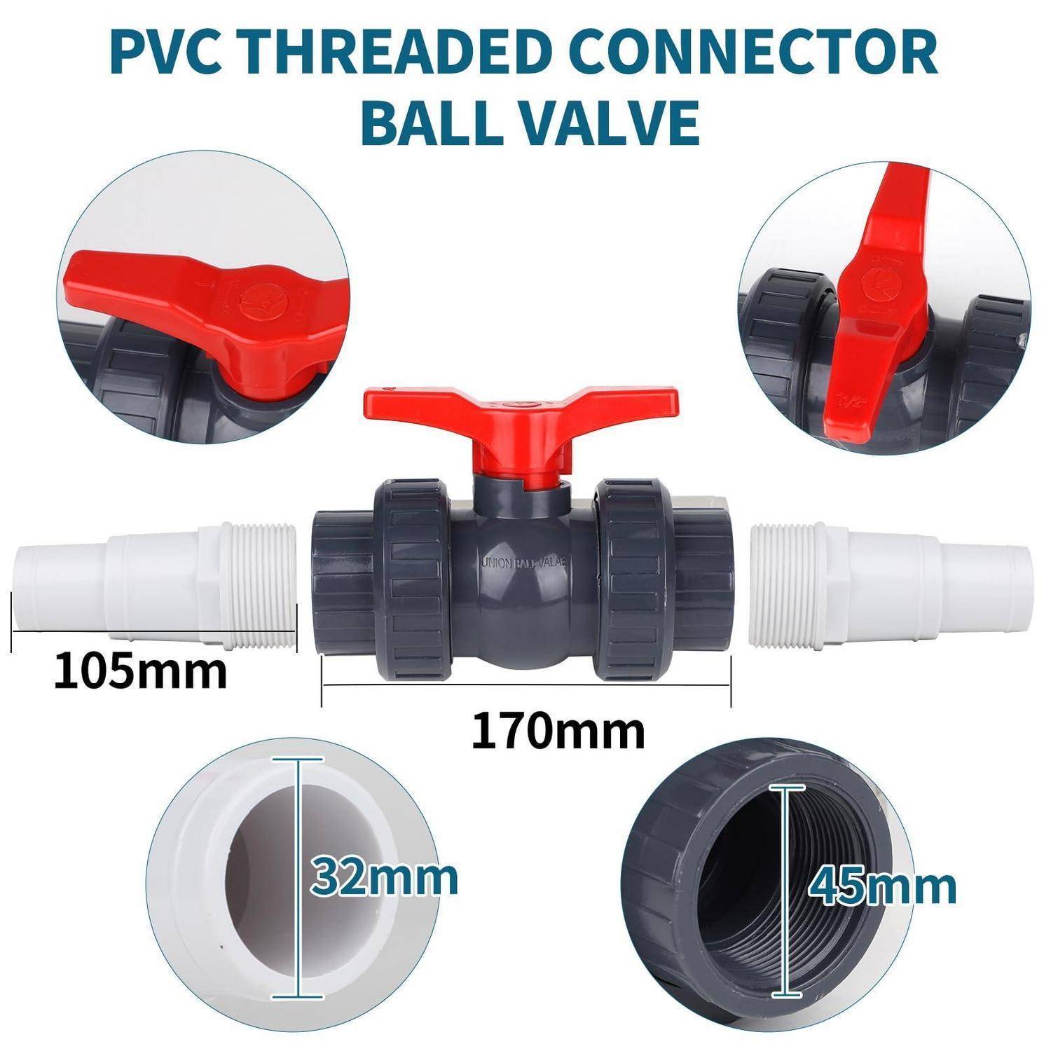 PVC Gewinde-Verbindungsventil mit Kugelhahn und rotem Griff, gezeigt mit Nahaufnahmen und Abmessungen: 105mm, 170mm, 32mm und 45mm.