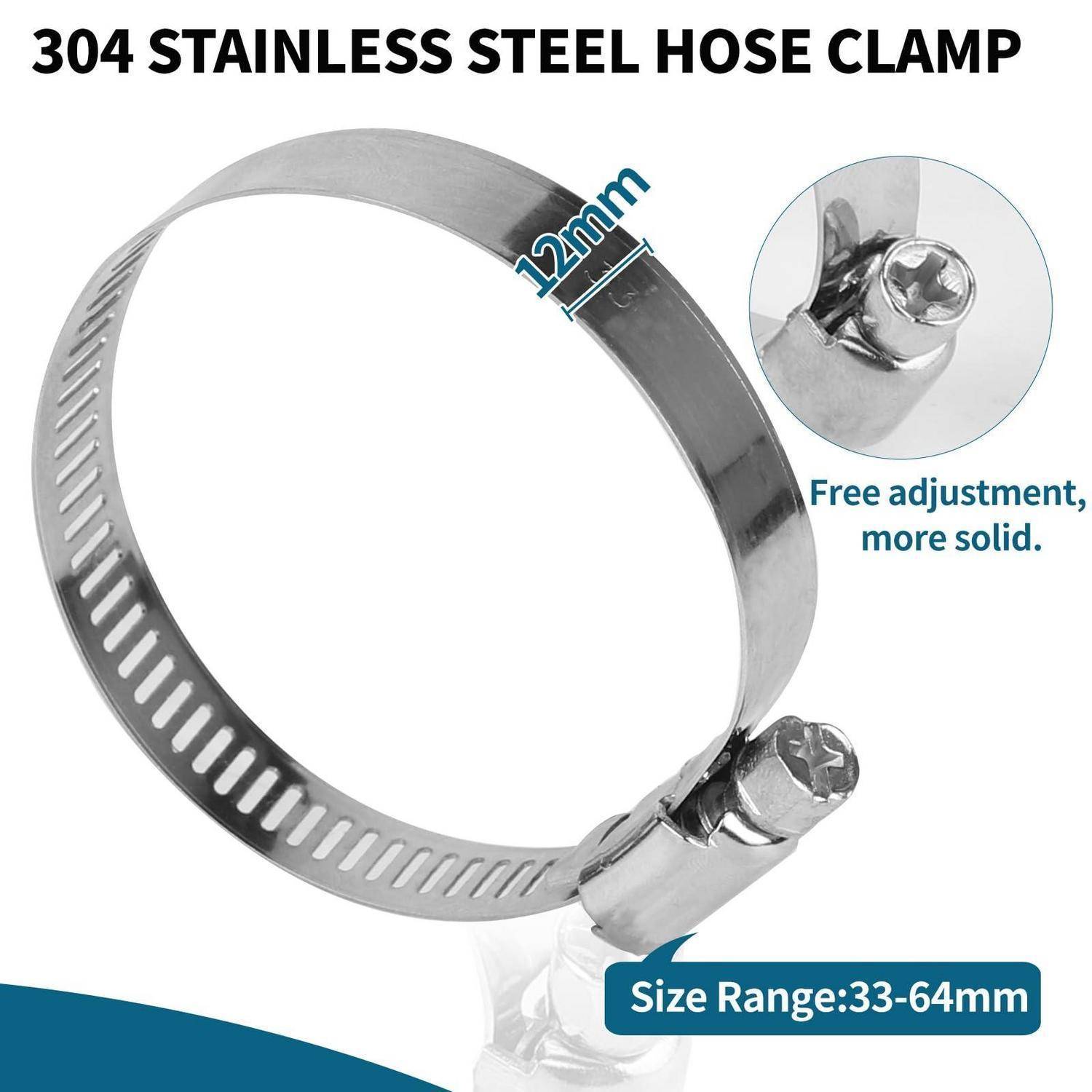 Edelstahlschlauchschelle 304, 12 mm breit, verstellbarer Größenbereich 33-64 mm, mit eingefügter Nahaufnahme der Spannschraube und Hinweis „Freie Verstellung, robuster.