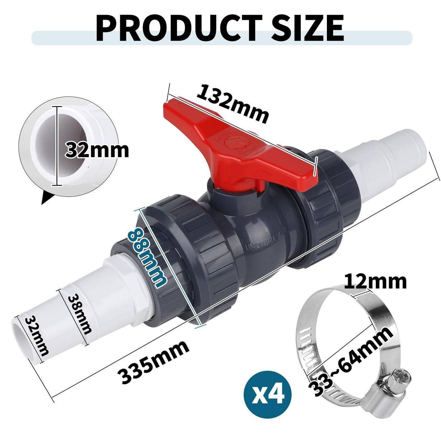 Größendiagramm eines PVC-Kugelventils mit rotem Griff, zeigt Abmessungen 335mm Länge, 132mm Griff, 88mm Gehäuse, 32mm und 38mm Rohrendungen, und Schlauchklemme Größe 33-64mm.