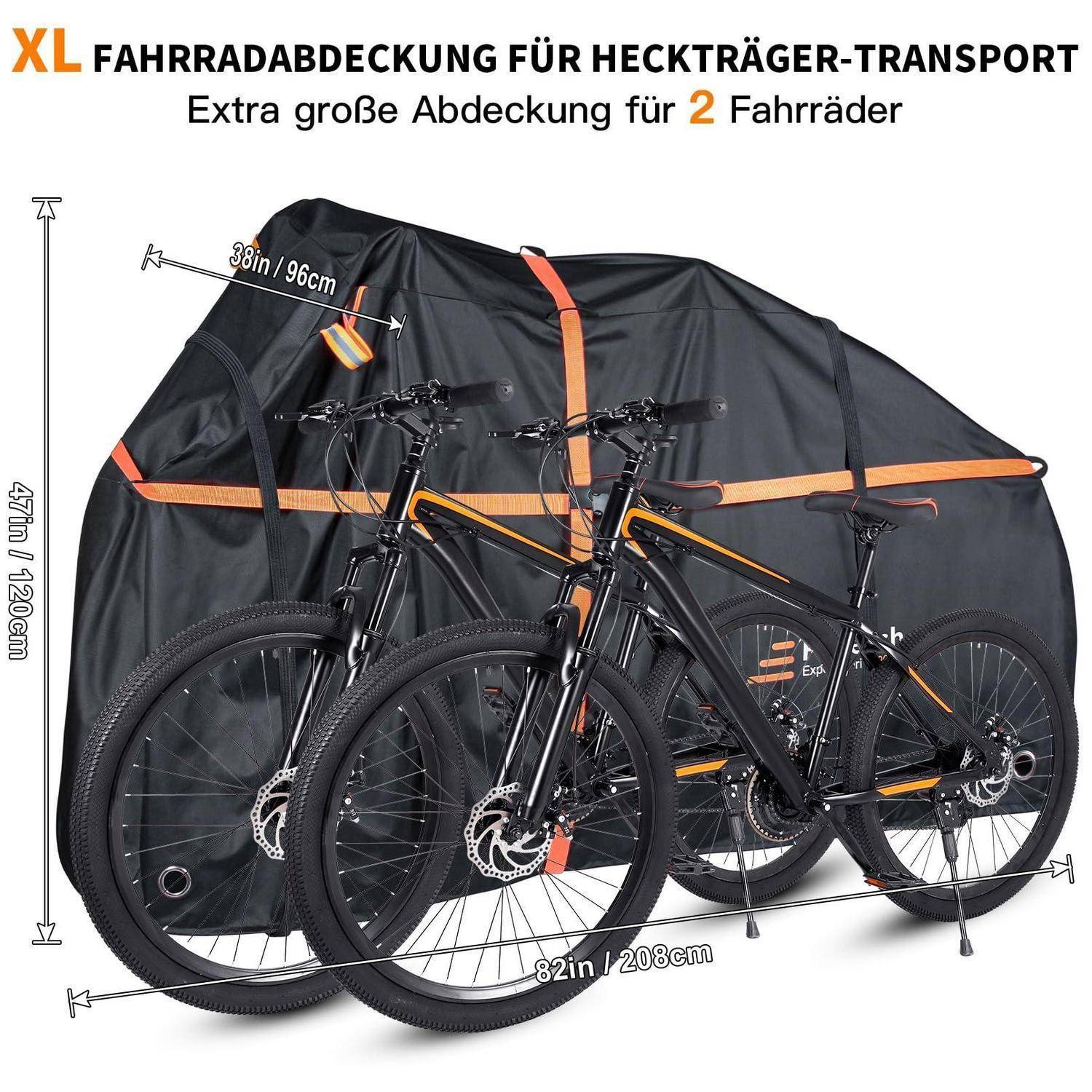 Schwarze Fahrradzeltabdeckung für rückwärtig montierte Transportgestelle, gekennzeichnet als Übergroße für 2 Fahrräder, mit den Abmessungen 82 Zoll/208 cm, 47 Zoll/120 cm und 38 Zoll/96 cm.