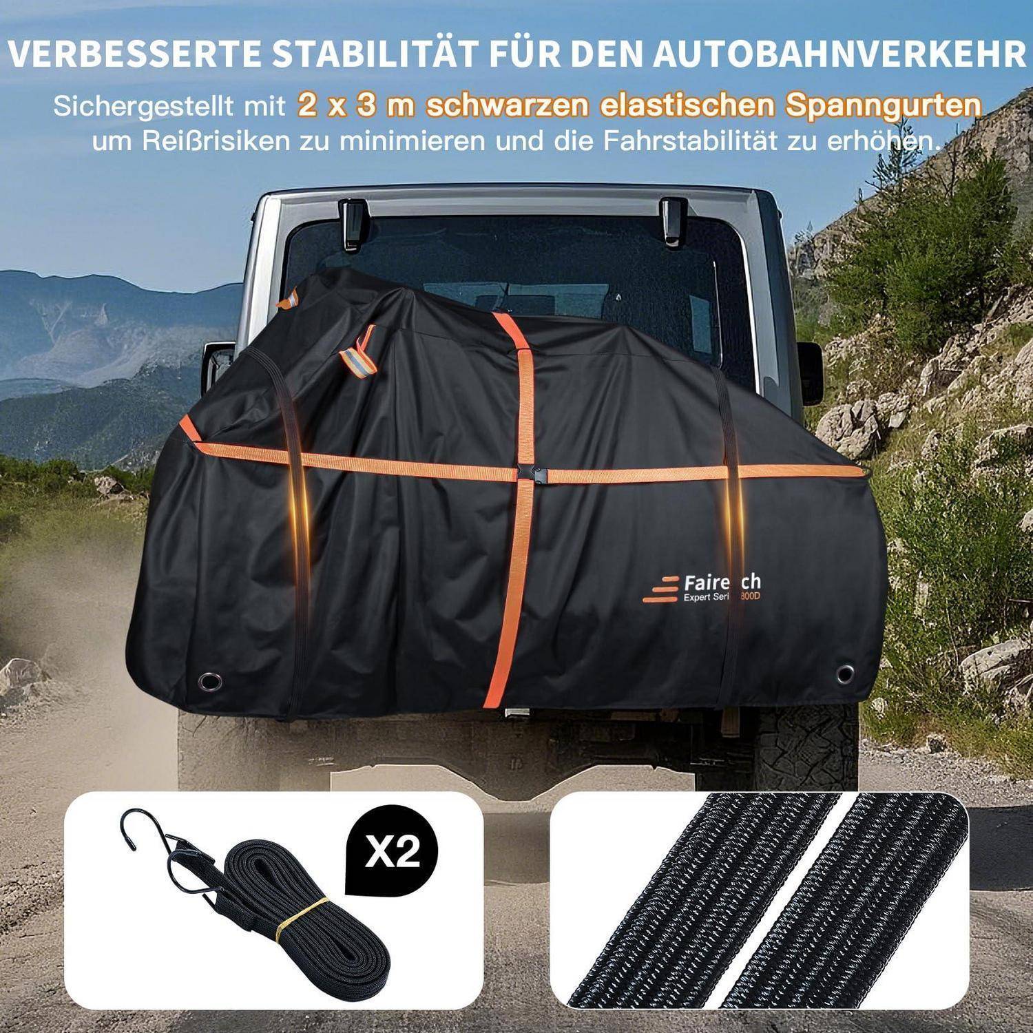 Lastkraftwagen-Heckklappe mit schwarzer Plane bedeckt, gesichert mit 2 x 3 m elastischen Spanngurten; Ausschnitt zeigt die Spanngurte und das geflochtene Seilmaterial.