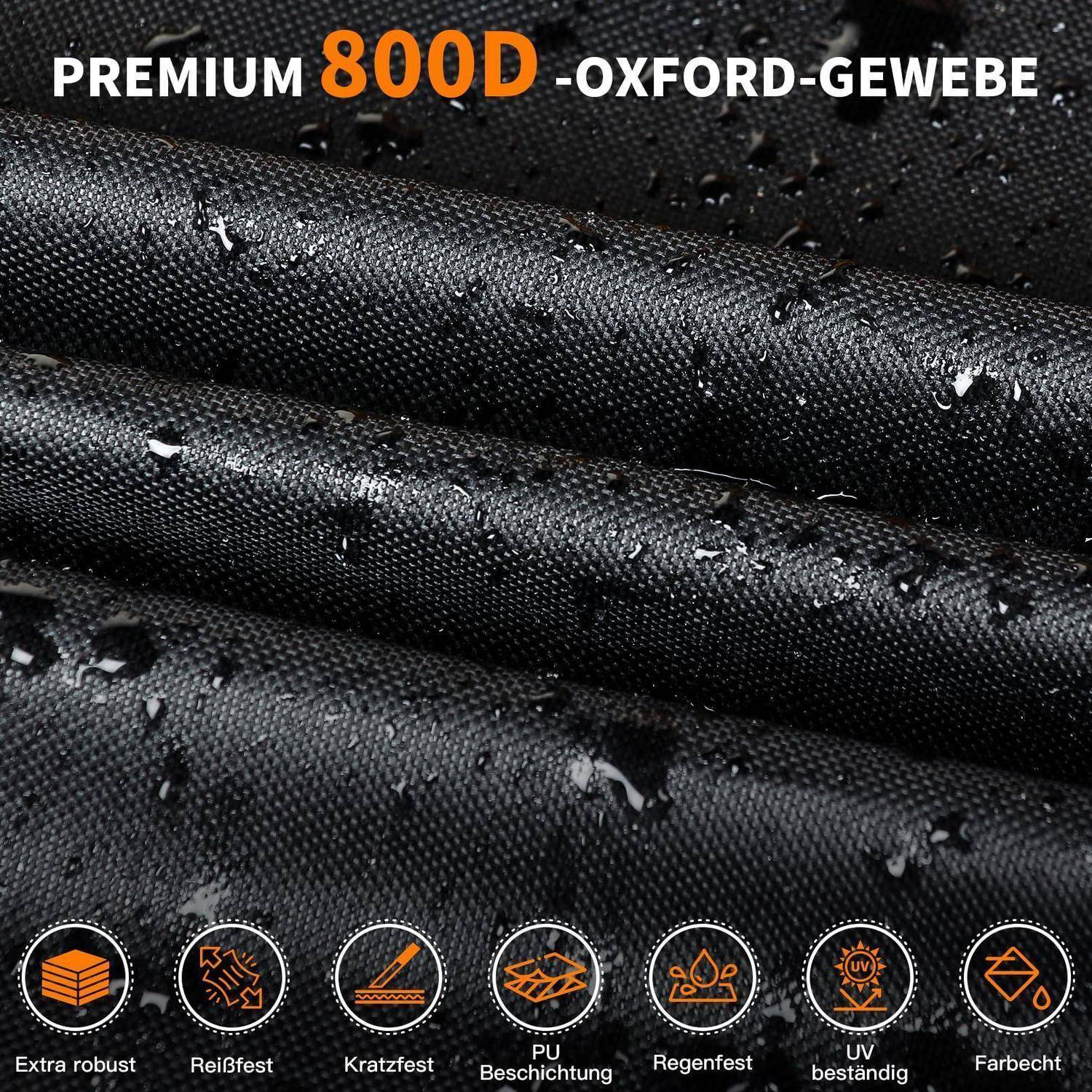 Schwarzer Premium-800D-Oxford-Gewebe mit Wassertropfen, dargestellt als strapazierfähiges, wetterfestes Material; Symbole heben extra robuste, reißfeste, kratzfeste, PU-beschichtete, regenfeste, UV-beständige und farbechte Eigenschaften hervor.