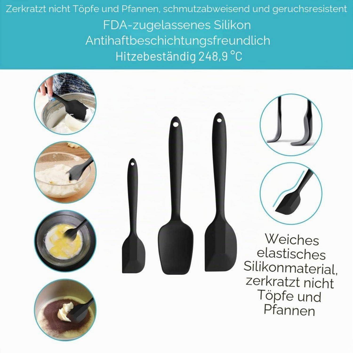 iNeibo Teigschaber Silikon Spatel 3er Set Hitzebeständig Schwarz