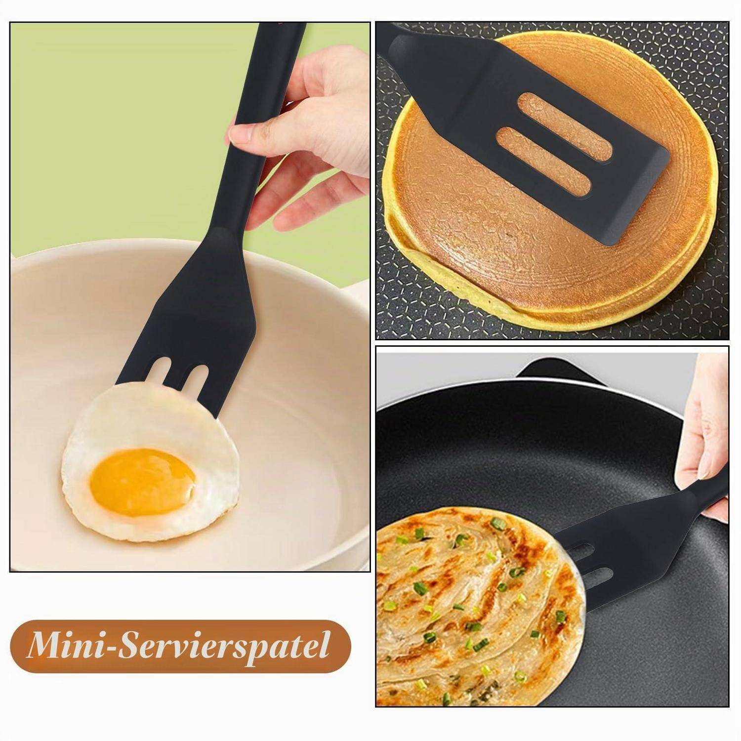 Schwarze Mini-Servierspatel wendet ein Ei, einen Pfannkuchen und ein Fladenbrot in Pfannen; das Etikett lautet „Mini-Servierspatel