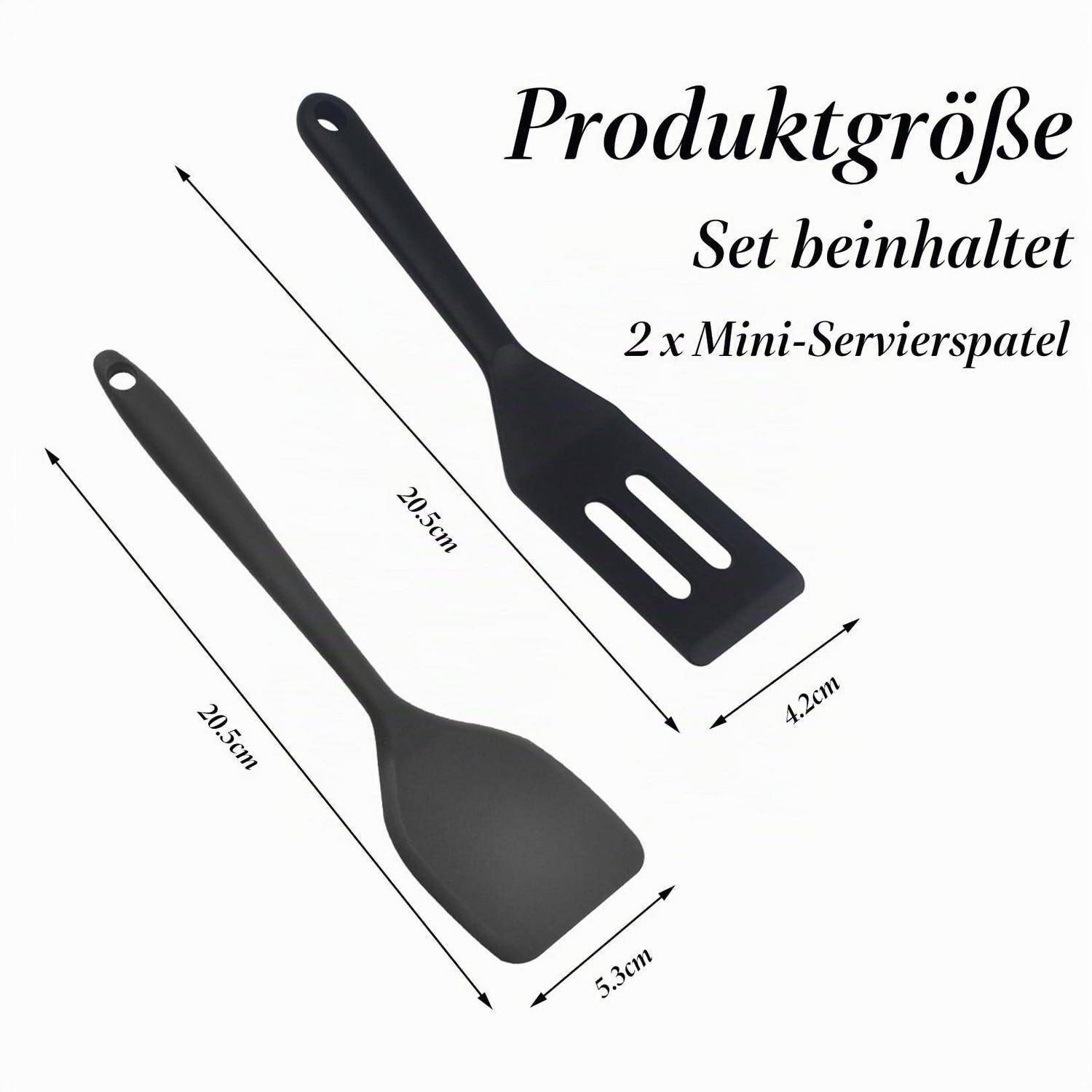 Produktgrößengrafik mit 2 Mini-Servierspateln in Schwarz: eine glatte und eine Schlitzspatel, jeweils 20,5 cm lang, mit Breiten von 5,3 cm und 4,2 cm.