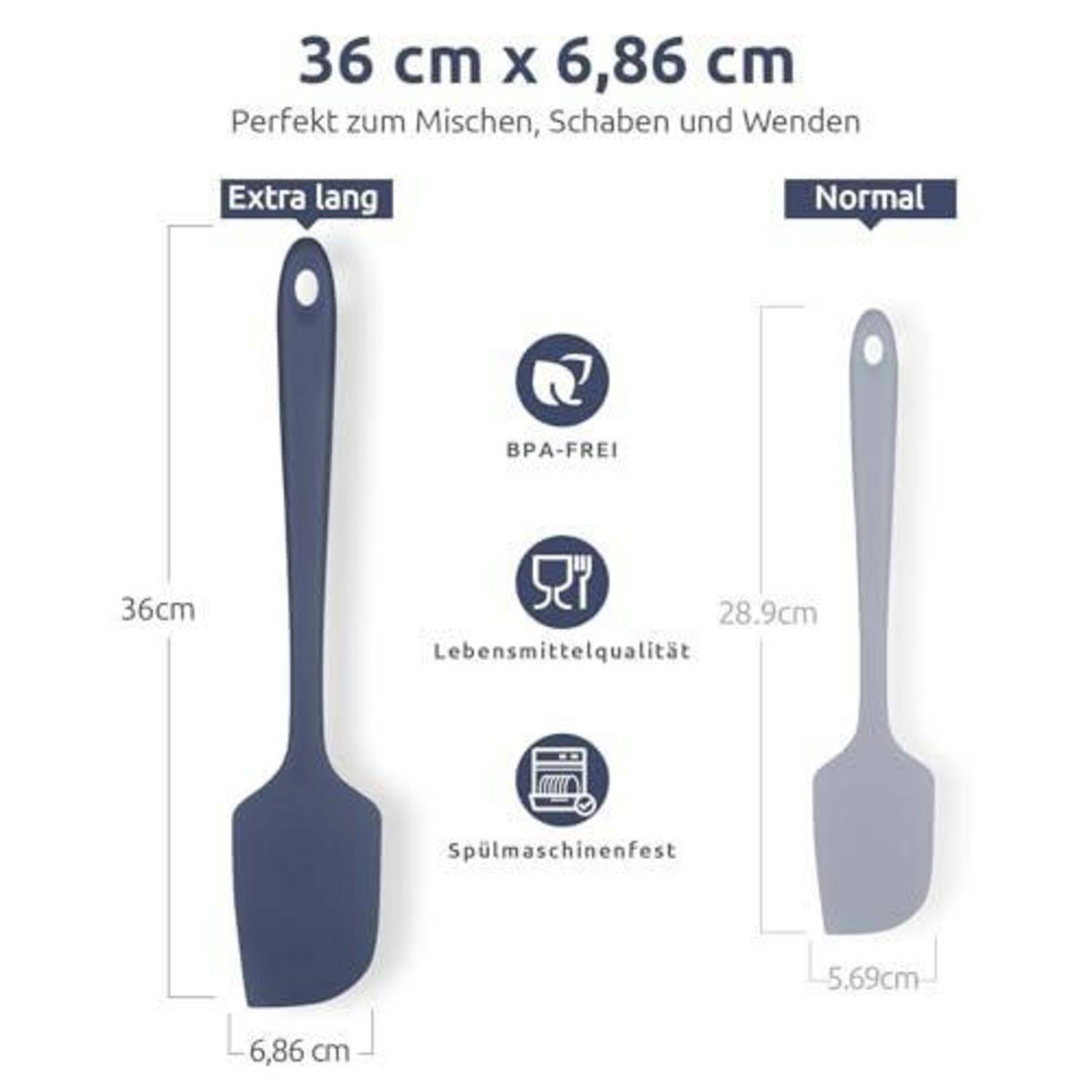 Produktvergleich mit zwei Silikon-Spachteln: 'Extra lang' 36 cm x 6,86 cm und 'Normal' 28,9 cm x 5,69 cm, mit Symbolen für BPA-frei, lebensmittelsicher und spülmaschinenfest.