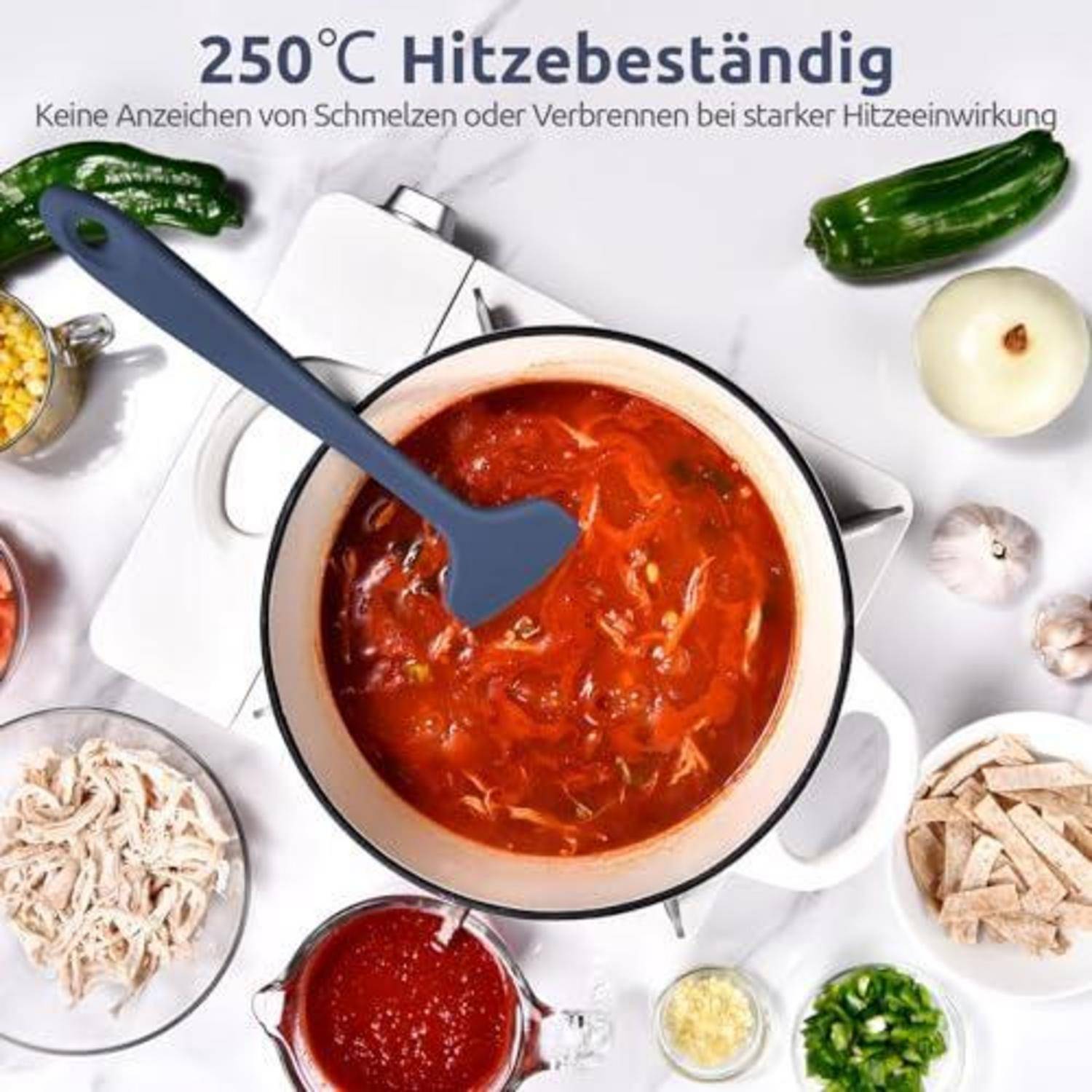 # Wärmefeste Kochgeschirr-Anzeige mit einem Topf roter Suppe, der mit einem Silikonspatel gerührt wird; Deutscher Text besagt „250°C Hitzebeständig