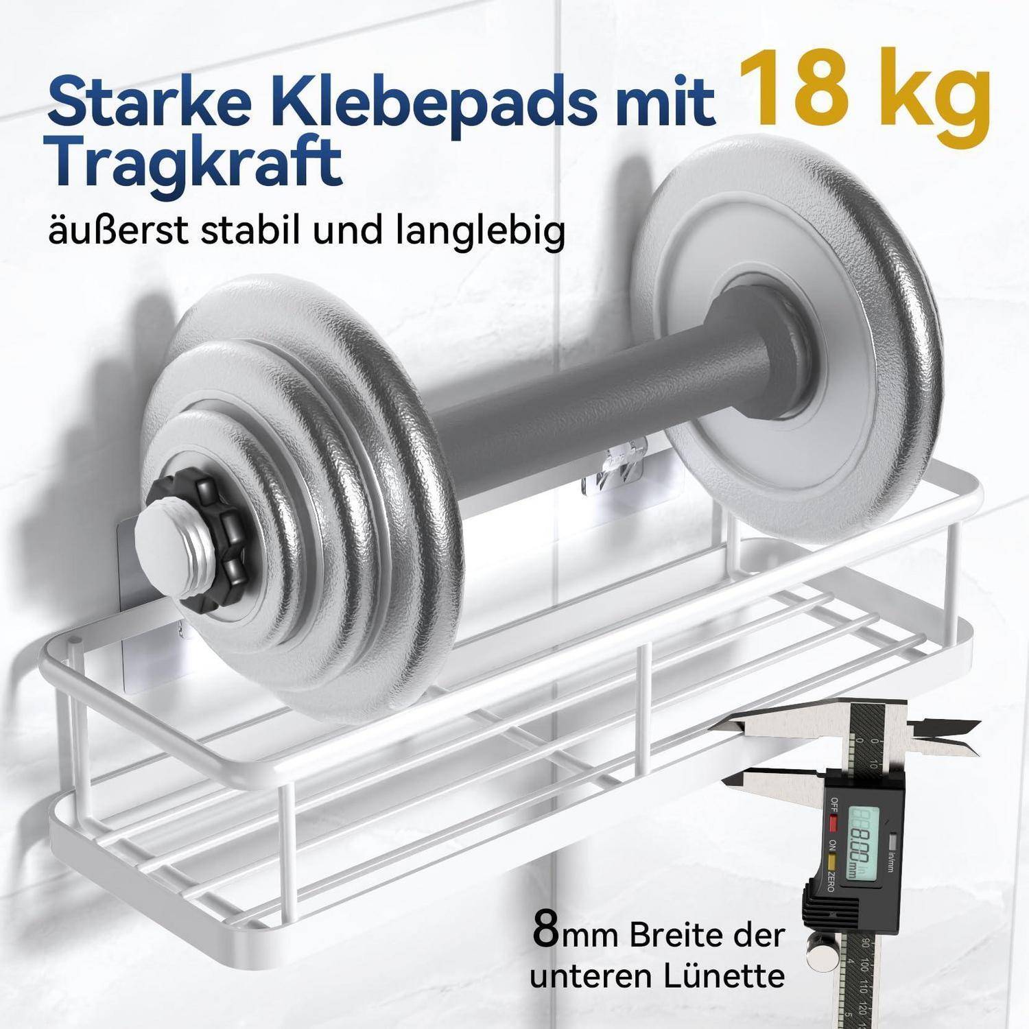 Starke Klebepads mit 18 kg Tragkraft und 8 mm Unterlegschiene-Breite, gezeigt beim Halten eines Metall-Hantelständers; Text besagt „Starke Klebepads mit 18 kg Tragkraft".