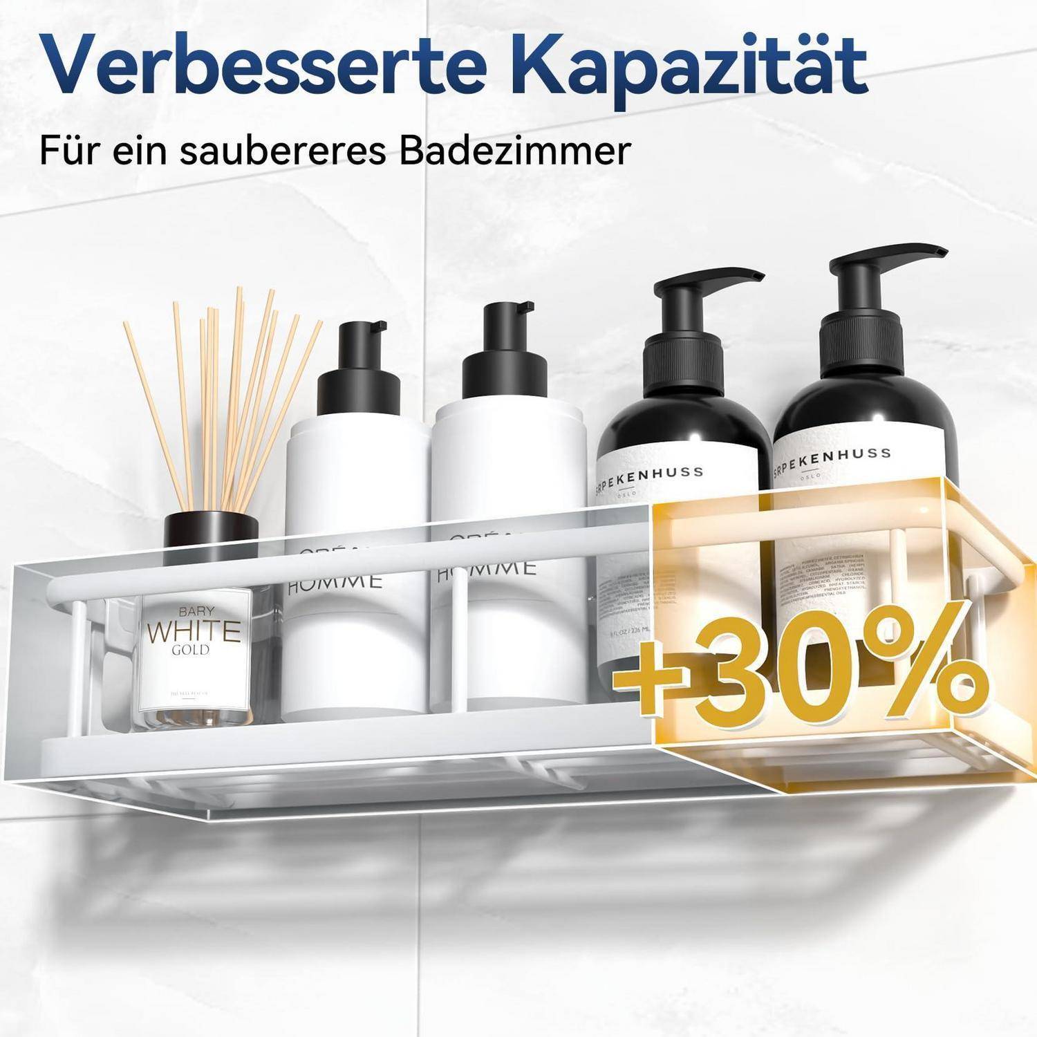 Badezimmer-Regalorganizer mit Flaschen und Diffusor, wirbt für „Verbesserte Kapazität" und „Für ein saubereres Badezimmer"", hebt 30% mehr Platz hervor.