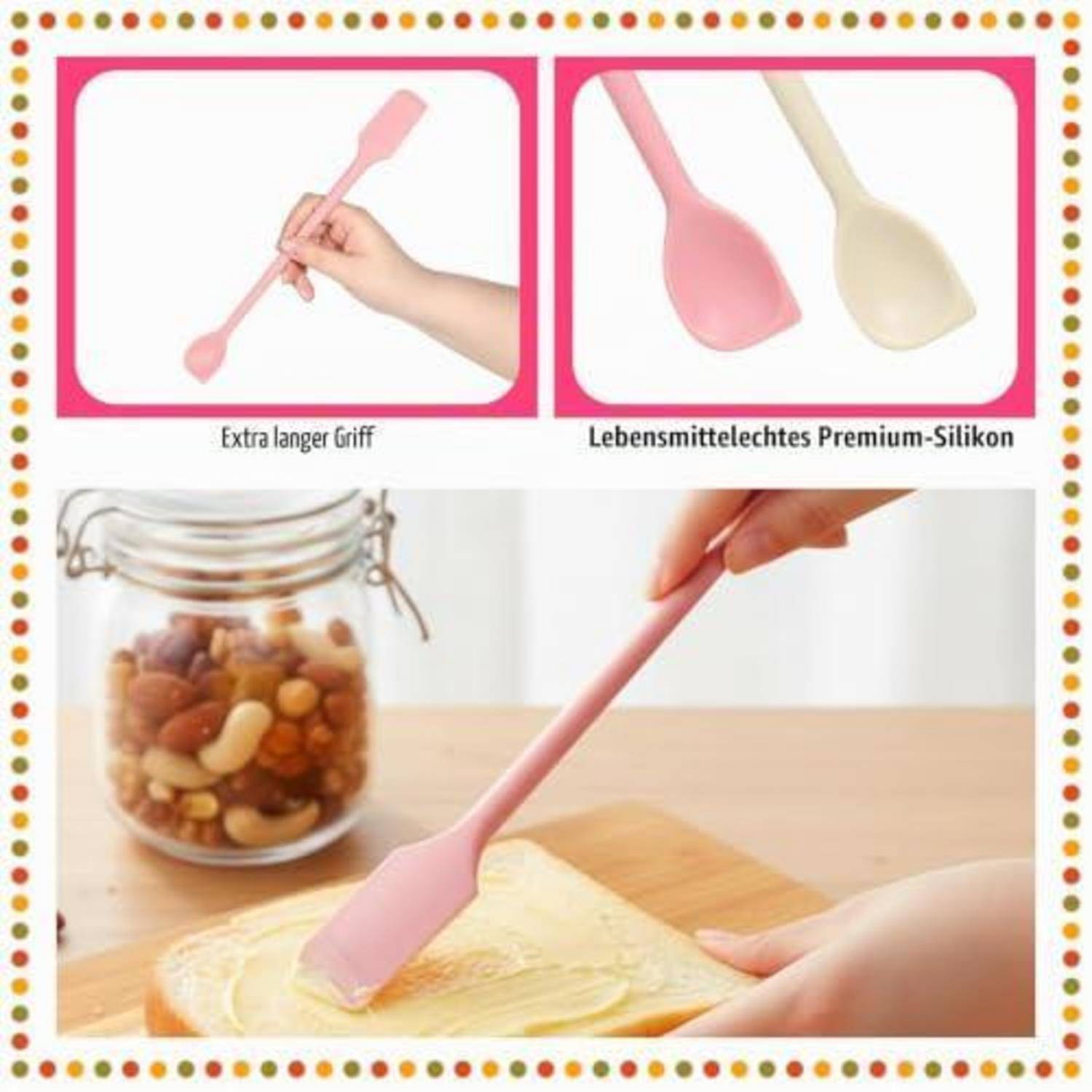 Werbebild eines langstieligen Silikon-Spatel mit Spachtel in Pink und Beige, gezeigt wie er gehalten und zum Ausstreichen von Butter auf Brot verwendet wird; Etiketten lesen „Extra langer Griff