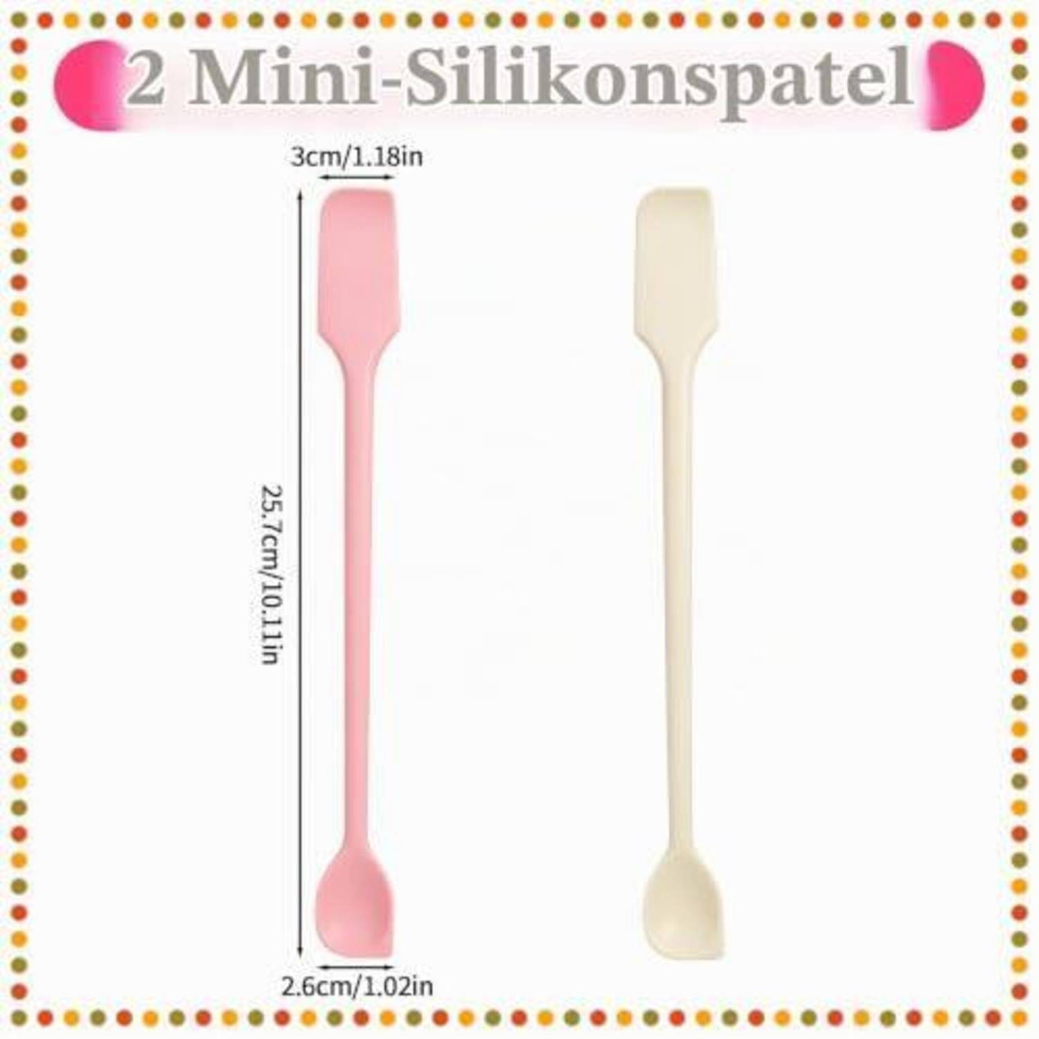 Produktbild von zwei Mini-Silikonspachteln, rosa und creme, mit Größenmessungen mit Etiketten 3 cm breit und 25,7 cm lang.