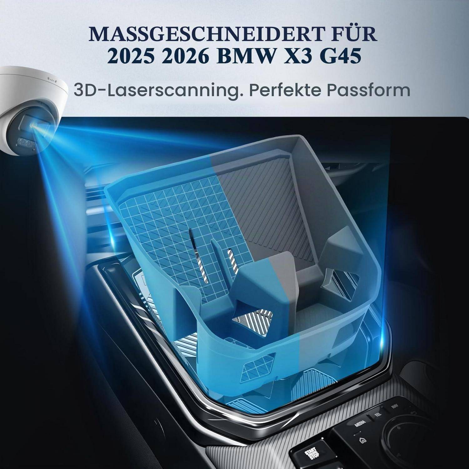 Werbebild für BMW X3 G45 2025-2026 maßgeschneidertes Interieur-Zubehör, zeigt 3D-Laserscanning und ein blaues 3D-Modell eines Mittelkonsolen-Tabletts mit deutschem Text 'MASSGESCHNEIDERT FÜR 2025 2026 BMW X3 G45' und '3D-LASERSCANNING. Perfekte Passform'.