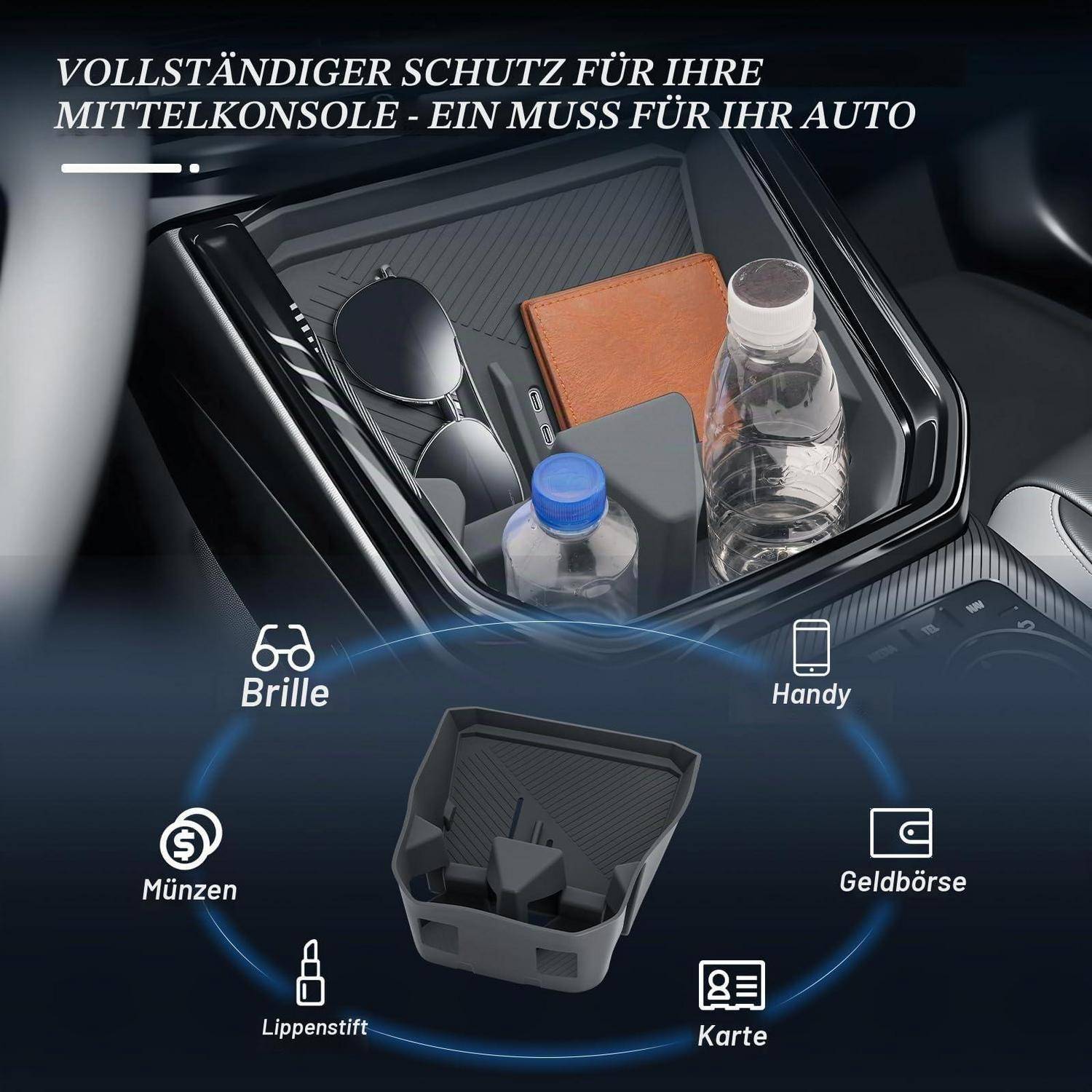 Organizer für die Mittelkonsole des Autos zur Aufbewahrung von Sonnenbrillen, Geldbeutel, Telefon, Münzen, Lippenstift und einer Flasche; Deutscher Text sagt vollständiger Schutz für die Armlehne, ein Muss für Ihr Auto.