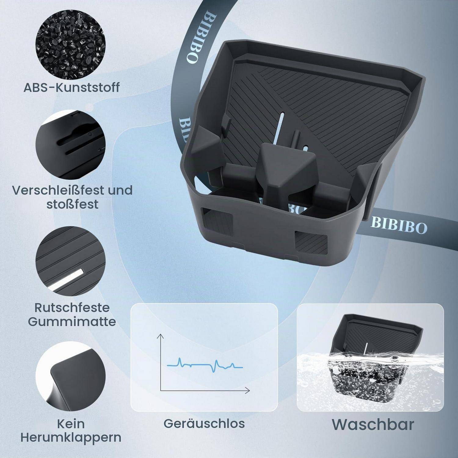Werbegrafik eines BIBIBO Autotabletts, das ABS-Kunststoff, verschleißfesten rutschfesten Gummi, leise und waschbare Eigenschaften zeigt.