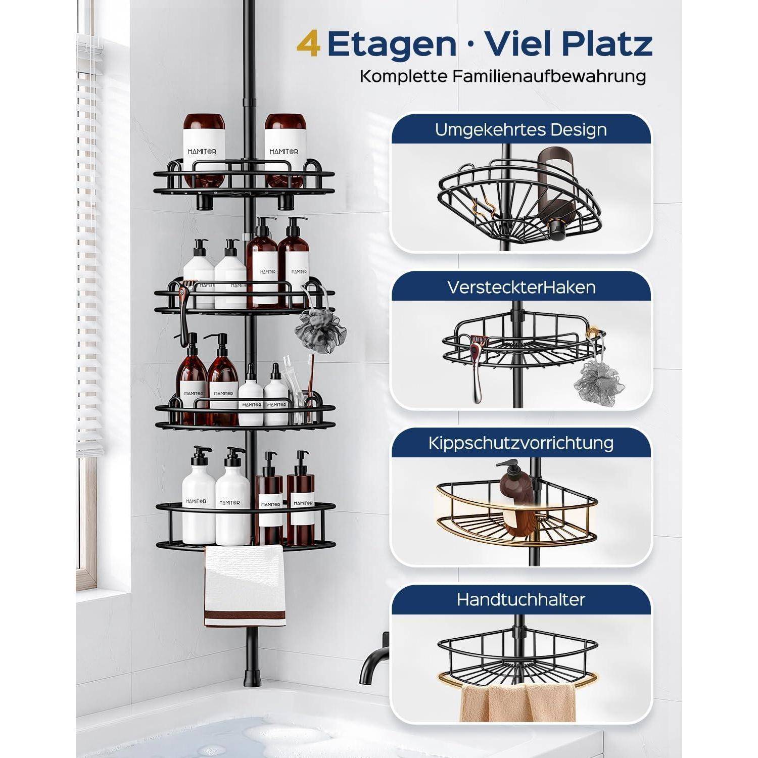 Badezimmerecken-Duschkaddy mit 4 Ebenen und Handtuchhalter, zeigt Funktionen: umgekehrtes Design, versteckte Haken, Kippschutz und Handtuchständer.