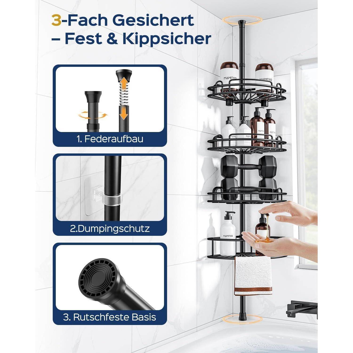 Badezimmer-Eckduschablage mit Flaschen, gezeigt mit einer Hand, die eine Flasche einsetzt; deutscher Text hebt „3-Fach Gesichert – Fest & Kipp­sicher" hervor und drei Stabilitätsmerkmale: Federdesign, rutschfest, rutschfester Boden.