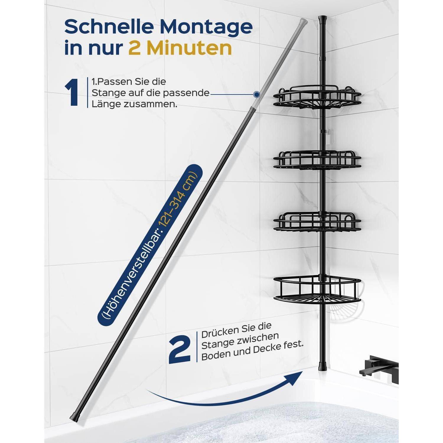 Infografik zeigt schnelle Installation eines Dusch-Organizers in 2 Minuten: Stangenlänge auf 241-314 cm einstellen, dann die Stange zwischen Boden und Decke einspannen.
