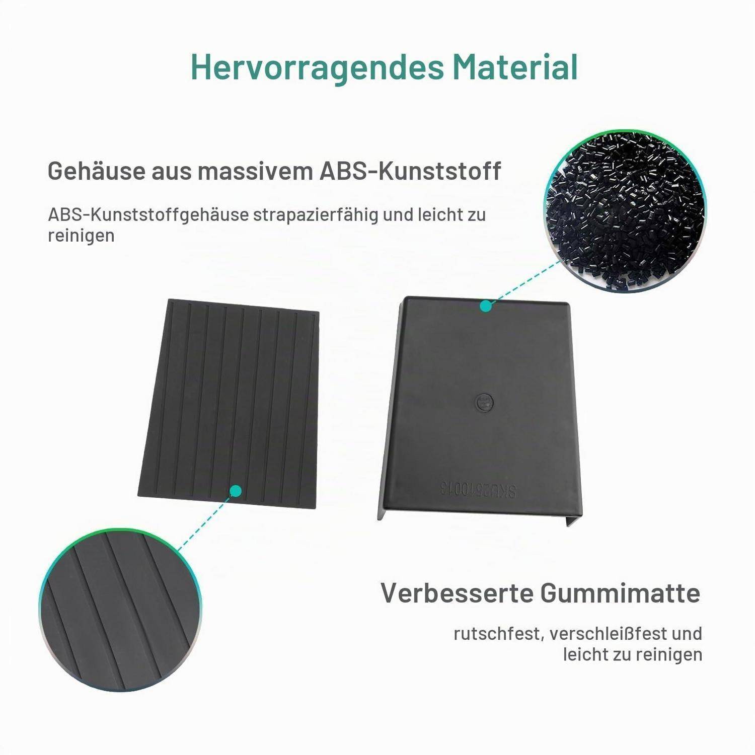 Deutsches Produktbild zeigt ein massenproduziertesABS-Kunststoffgehäuse mit einer strukturierten, rutschfesten Gummimatte; vermerkt, dass es langlebig und leicht zu reinigen ist.
