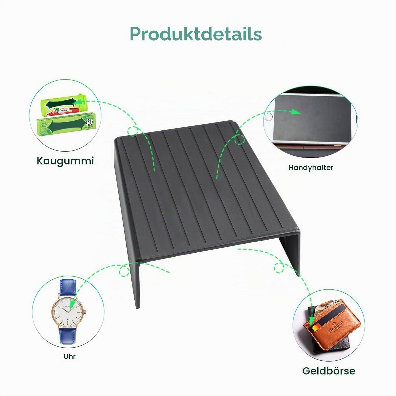 Produktdetailbild eines schwarzen tischähnlichen Organizers mit beschrifteten Verwendungszwecken: Kaugummi, Telefonhalter, Uhr und Geldbörse.
