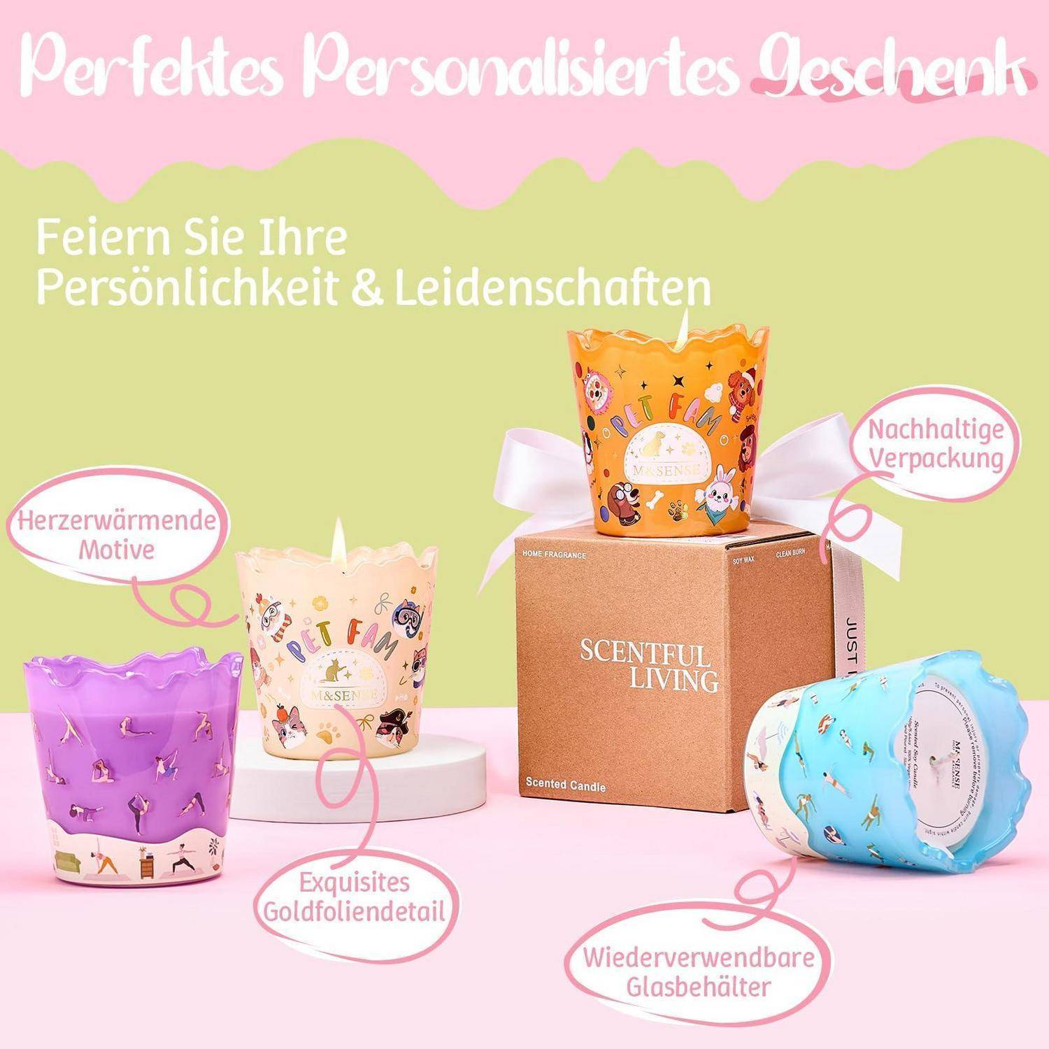 Werbebild von personalisierten Duftkerzen in dekorativen Glasgefäßen mit deutschem Text, das herzliche Motive, Goldfoliendetails, nachhaltige Verpackung und wiederverwendbare Glasbehälter hervorhebt.