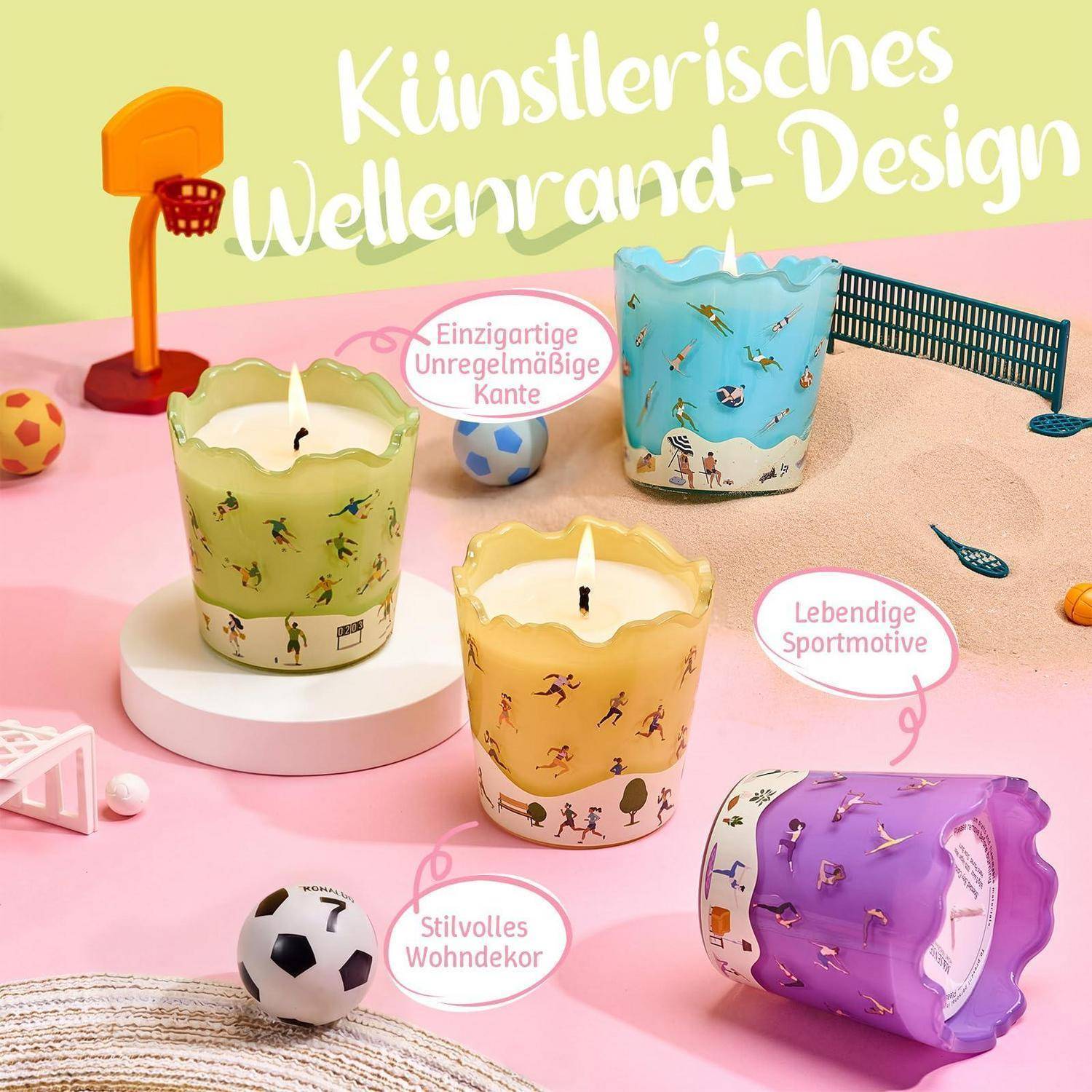 Werbebild von vier dekorativen duftenden Kerzen in farbenfrohen muschelförmigen Glashältern, gekennzeichnet als einzigartige wellige Kanten, lebendige Sportmotive und stilvolle Heimdekoration.