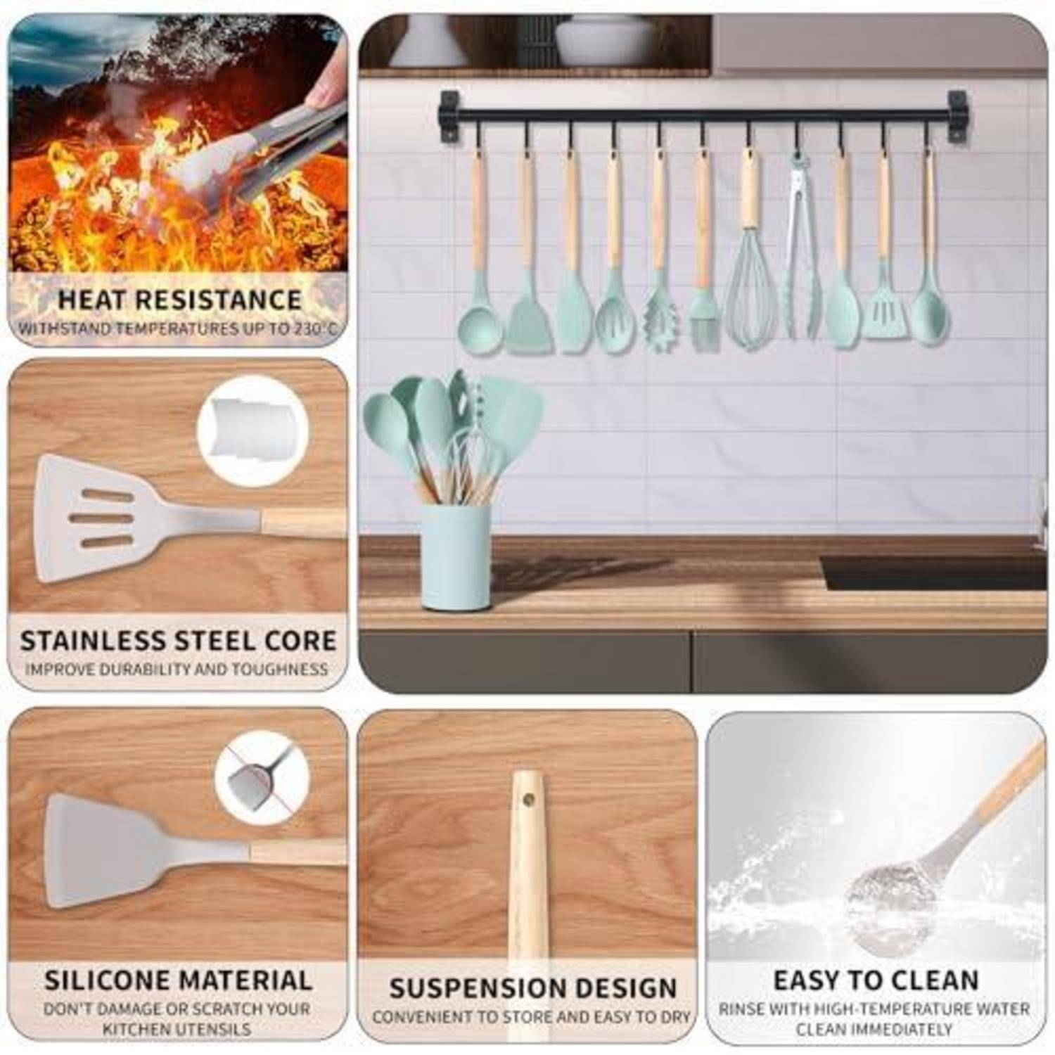 Küchengeschirrset hängend an einem Ständer, mit dargestellten Produktmerkmalen: Wärmefestigkeit, Edelstahlkern, Silikonmaterial, Aufhängedesign und leichte Reinigung.