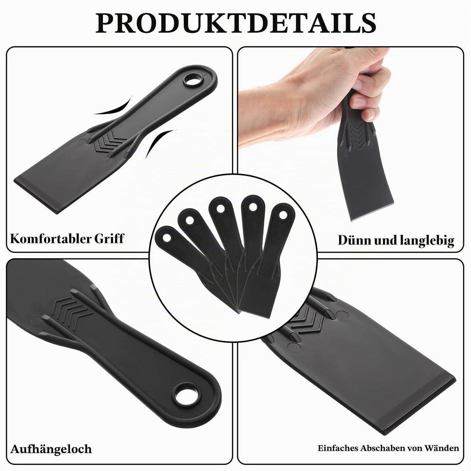 Deutsches Produktdetail-Grafik, die einen schwarzen Schaber/Spatel aus mehreren Winkeln zeigt, mit Hervorhebung des ergonomischen Griffs, der dünnen, langlebigen Klinge, des Aufhängelochs und der einfachen Wandkratzerkapazität.