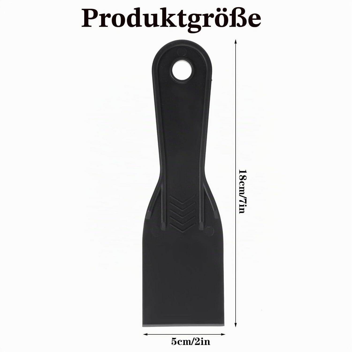 Schwarzes spatelförmiges Werkzeug mit der Bezeichnung „Produktgröße