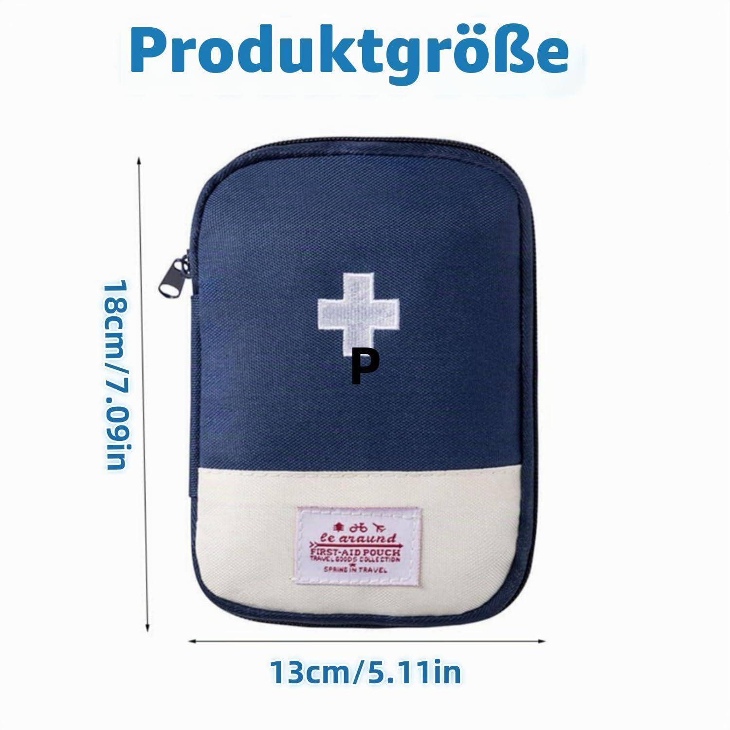 Blau-weißes Erste-Hilfe-Set mit der Aufschrift „Produktgröße", das die Produktgröße von 18 cm Höhe und 13 cm Breite zeigt.