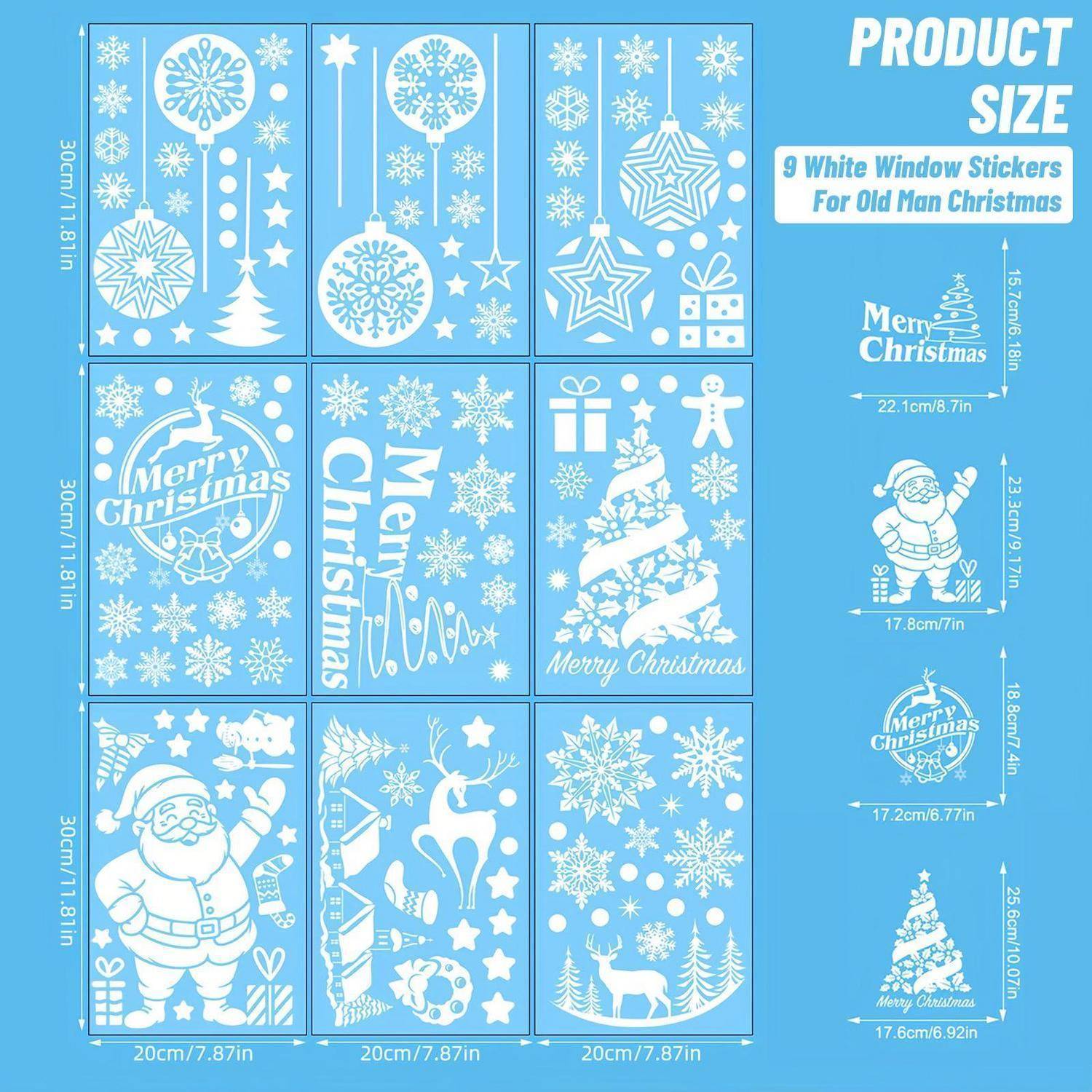 Größentabelle für 9 weiße Weihnachtsfensteraufkleber mit jedem Design und seinen Abmessungen, einschließlich „Frohe Weihnachten"-Text, Weihnachtsmann, Schneeflocken, Sterne, Baum, Geschenke und Rentier.