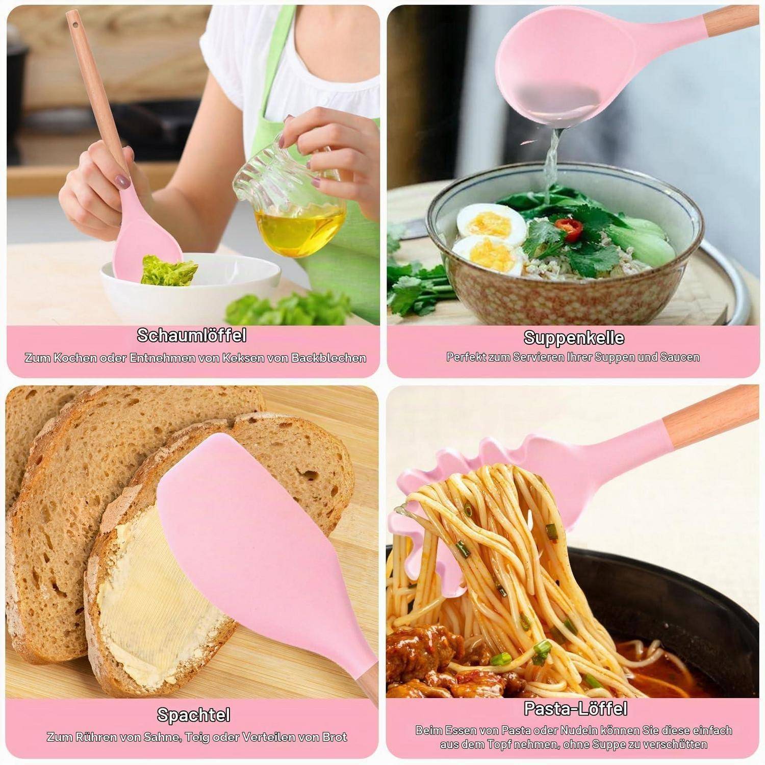 Vier-Panel-Produktcollage mit rosa Silikon-Küchenutensilien: Schaumlöffel, Suppenkelle, Spatel und Pastaloeffel zum Kochen und Servieren.