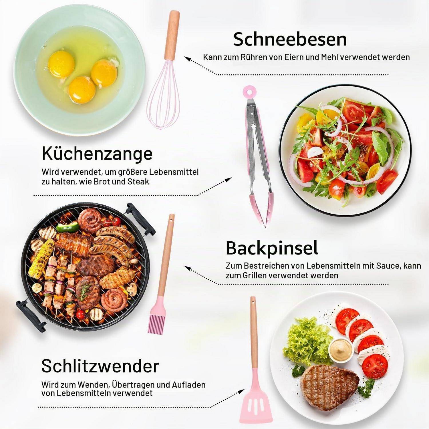 Deutsches Infografik-Diagramm von Küchenwerkzeugen und deren Verwendung: Schneebesen zum Rühren von Eiern und Mehl, Zange zum Halten großer Lebensmittel, Pinsel zum Überziehen mit Soße, Spatel zum Wenden und Heben von Lebensmitteln.
