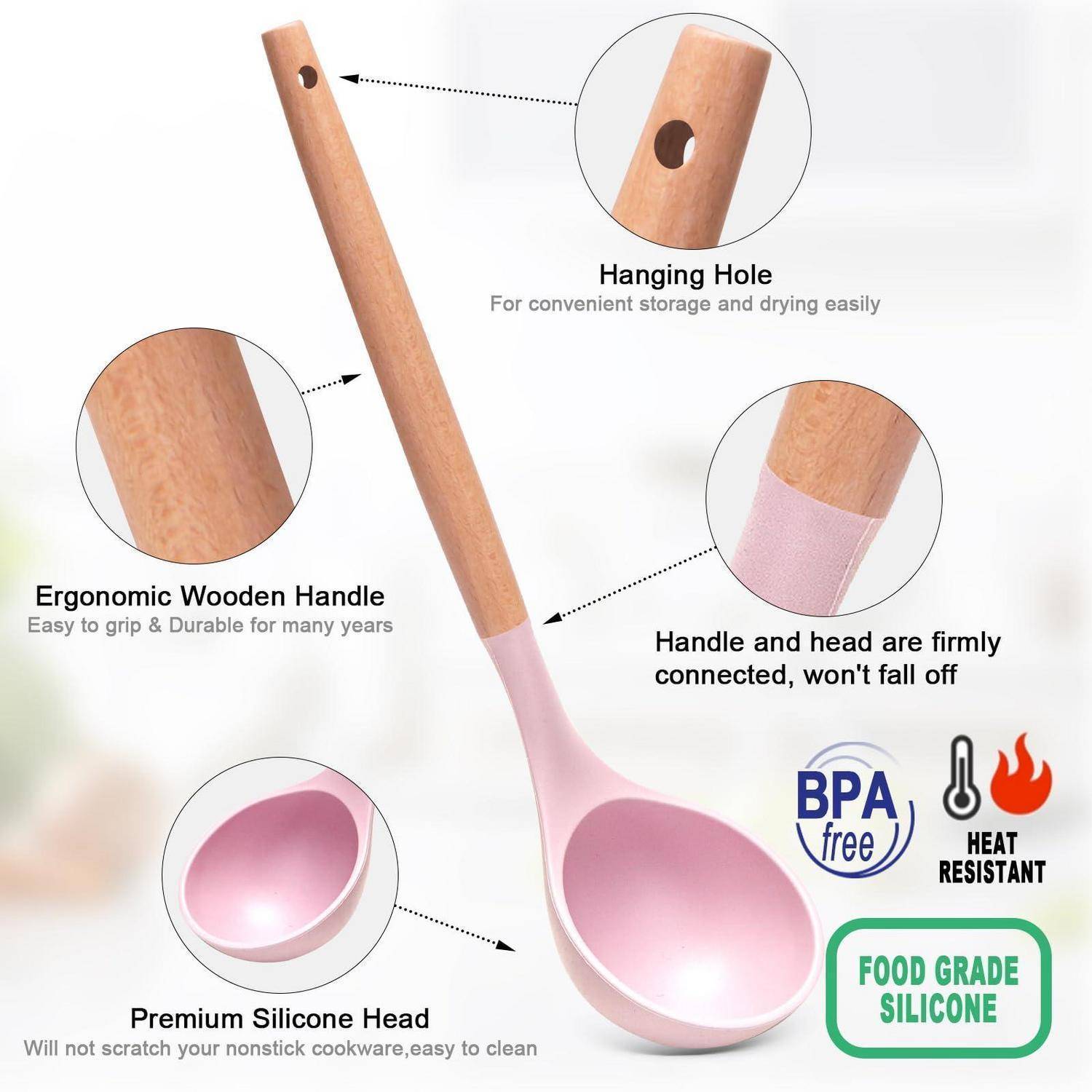 Illustrierter rosa Silikonkochlöffel mit Holzgriff, mit Aufhängeloch, ergonomischem Griff, Hitzebeständigkeit, BPA-frei, lebensmittelechtem Silikon und dauerhaft verbundenem Kopf.