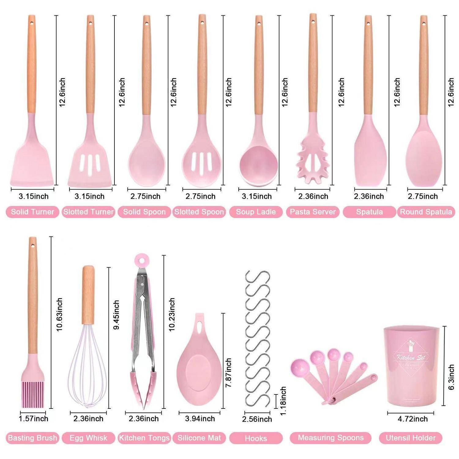 Rosa-und-Holz-Küchenbesteck-Set mit beschrifteten Elementen und Abmessungen, einschließlich Wender, Löffel, Suppenkelle, Pastaheber, Spachtel, Schneebesen, Zange, Haken, Messlöffel und Halter.