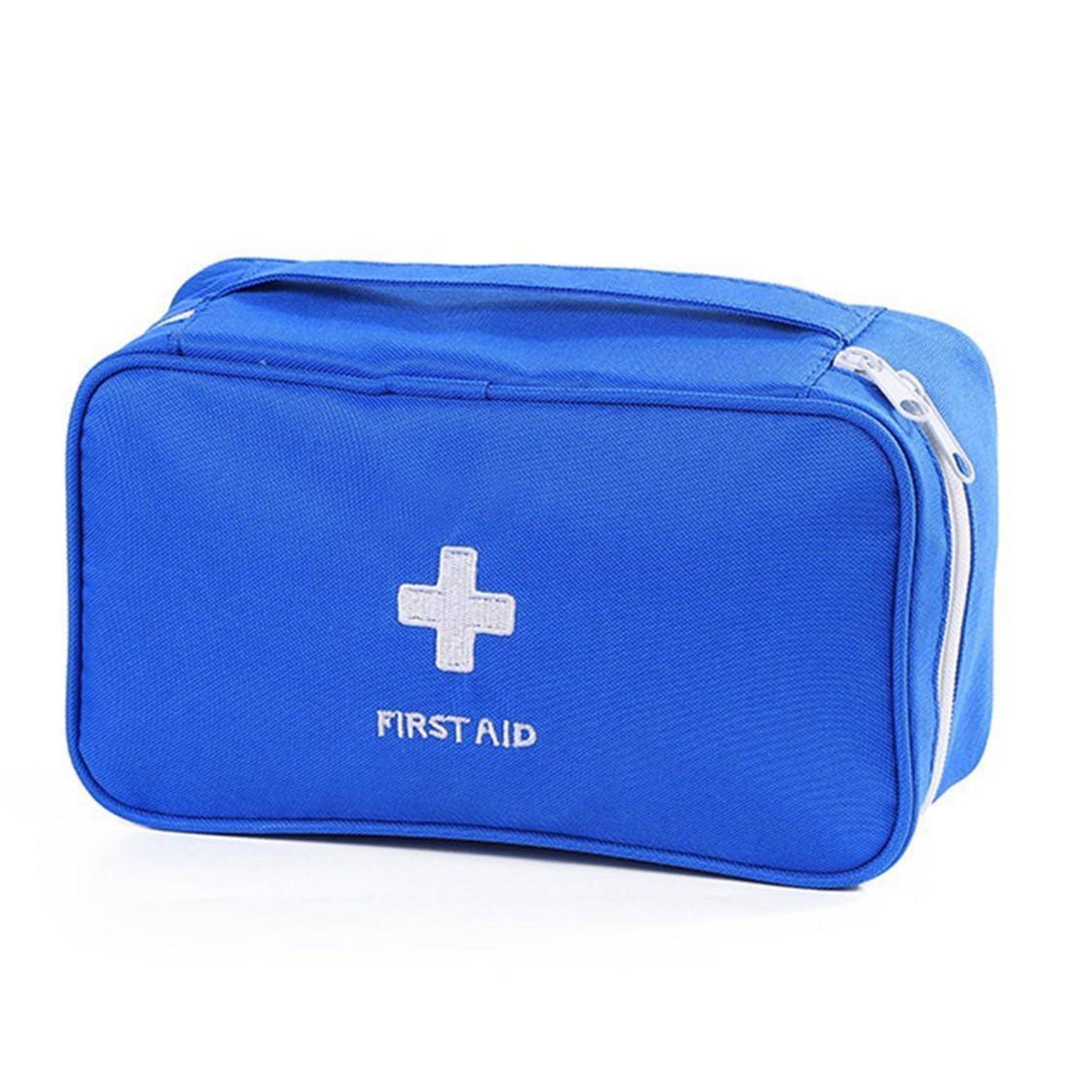 Blaue Erste-Hilfe-Tasche mit weißem Kreuz und „FIRST AID