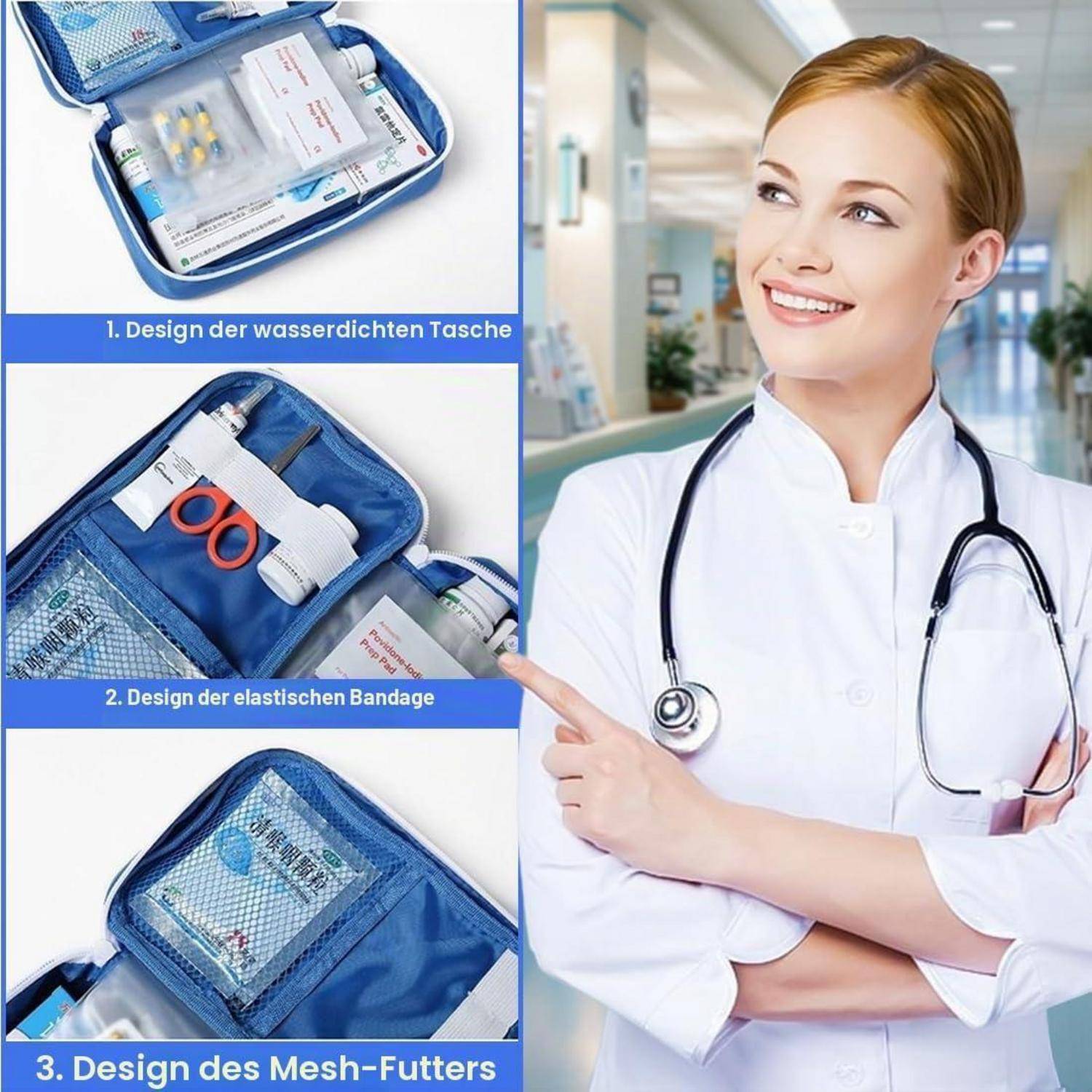 Werbefoto einer lächelnden Ärztin, die auf eine blaue Erste-Hilfe-Tasche zeigt, mit drei beschrifteten Innenfunktionen auf Deutsch: wasserdichte Tasche, elastische Bandage und Netz-Tasche.