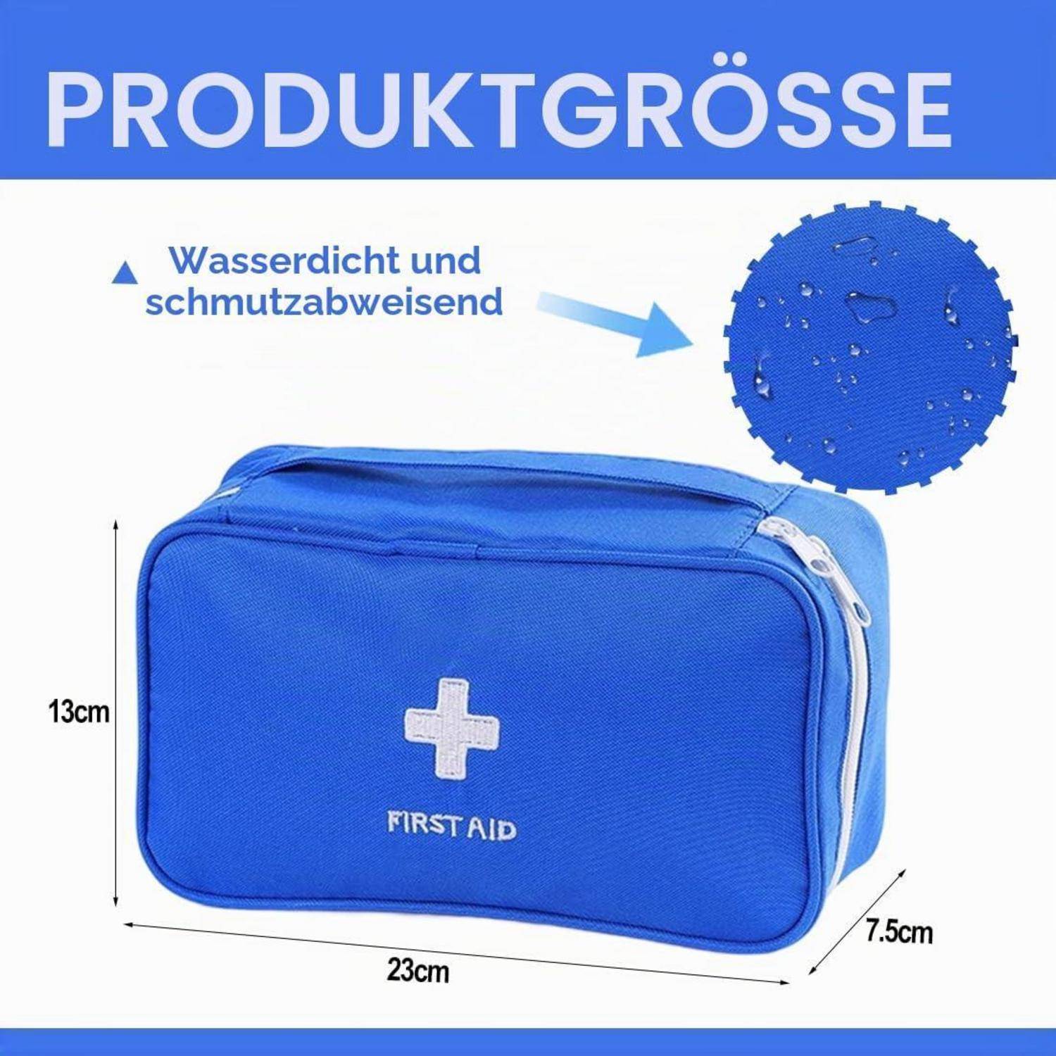 Blaue Erste-Hilfe-Tasche mit der Aufschrift „FIRST AID" und den Abmessungen 23 cm x 13 cm x 7,5 cm; wasserdicht und schmutzresistent.