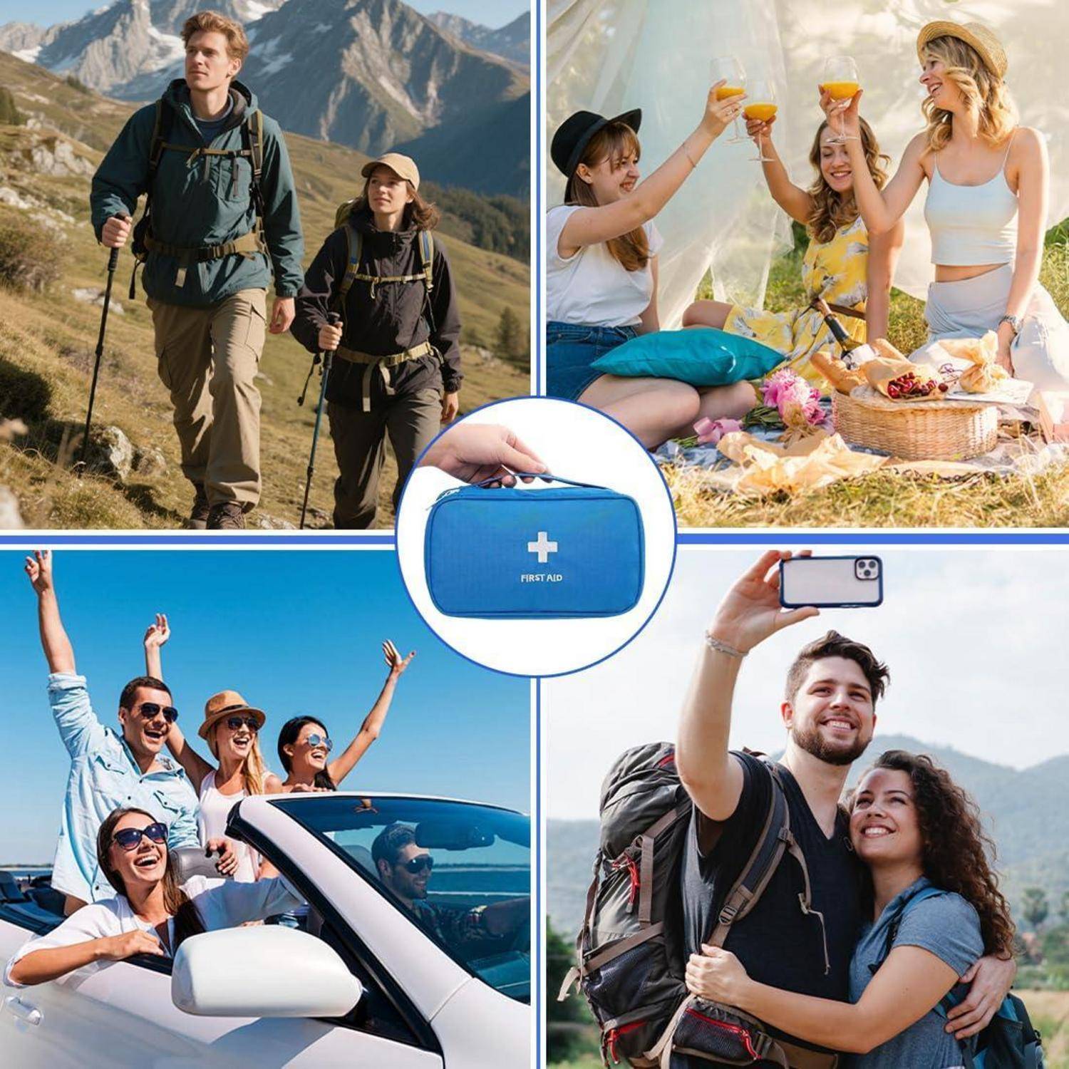 Collage aus Outdoor-Abenteuern und Reisen: Wanderer, ein Picknick-Toast, Freunde in einem Cabrio und ein Paar, das ein Selfie macht, mit einem blauen Erste-Hilfe-Kasten in der Mitte.