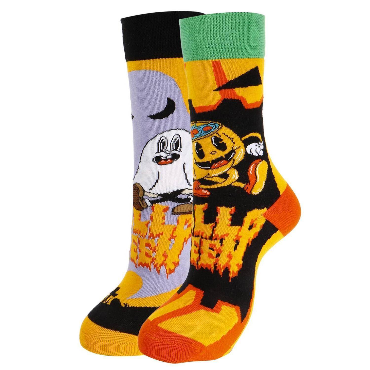 Paar farbenfrohe Halloween-Socken mit einem Geist und lächelndem Kürbisgesicht, in Schwarz, Orange, Gelb, Grün und Lila.
