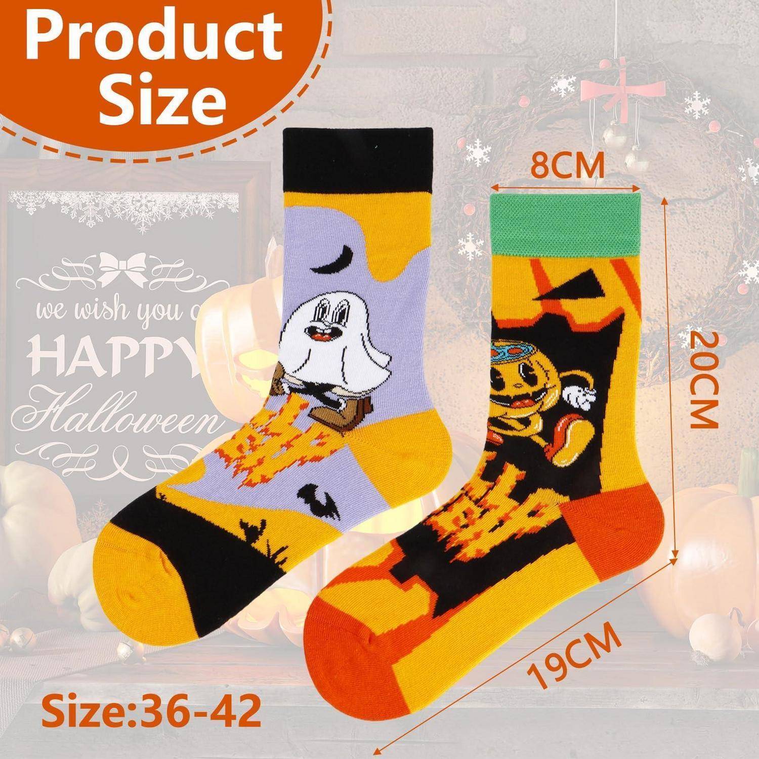Halloween-Themen-Crew-Socken, dargestellt in einer Produktgrößentabelle, mit zwei bunten Socken und Messungen mit den Bezeichnungen 8CM, 19CM und 20CM; Größe 36-42.
